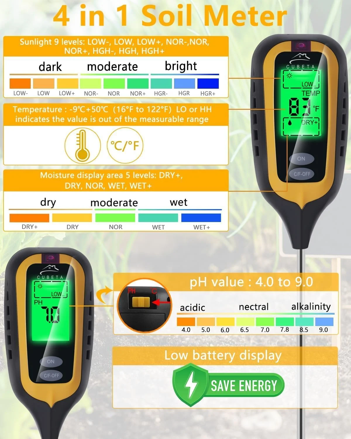 دستگاه تست خاک گیاه NALACAL، تستر pH خاک، تستر خاک 4 در 1 با دما/رطوبت/نور/pH، کیت تست خاک برای باغ، چمن فضای باز، گیاهان آپارتمانی، برای باغبانی، کشاورزی، گیاهان دستگاه تست خاک گیاه NALACAL، تستر pH خاک، تستر خاک 4 در 1 با دما/رطوبت/نور/pH، کیت تست خاک برای باغ، چمن فضای باز، گیاهان آپارتمانی، برای باغبانی، کشاورزی، گیاهان