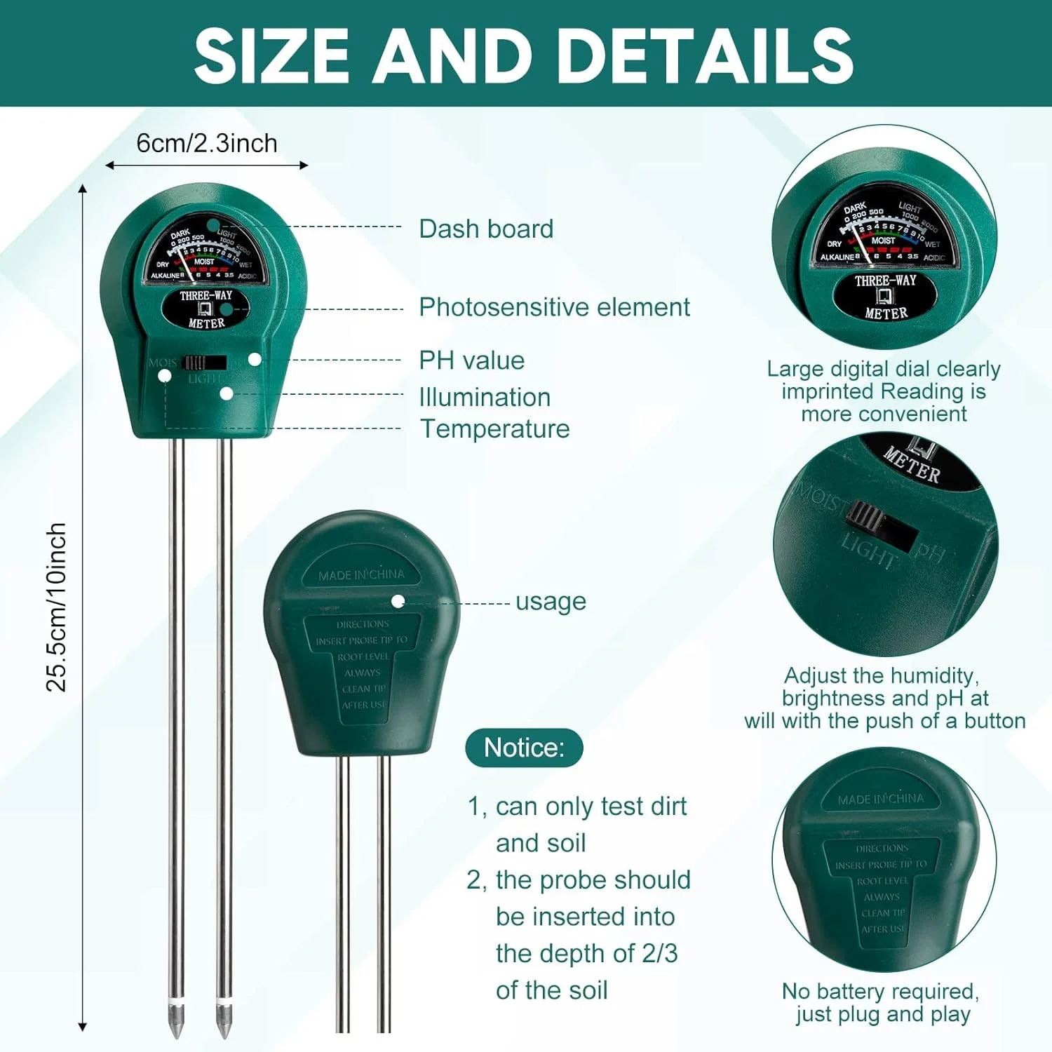 تستر خاک، کیت تست رطوبت، pH و نور برای باغبانی در فضای باز و داخلی، رطوبت سنج گیاه برای باغ، چمن، خانه، تستر رطوبت/PH/نور 3 در 1 خاک (10.03) تستر خاک، کیت تست رطوبت، pH و نور برای باغبانی در فضای باز و داخلی، رطوبت سنج گیاه برای باغ، چمن، خانه، تستر رطوبت/PH/نور 3 در 1 خاک (10.03)