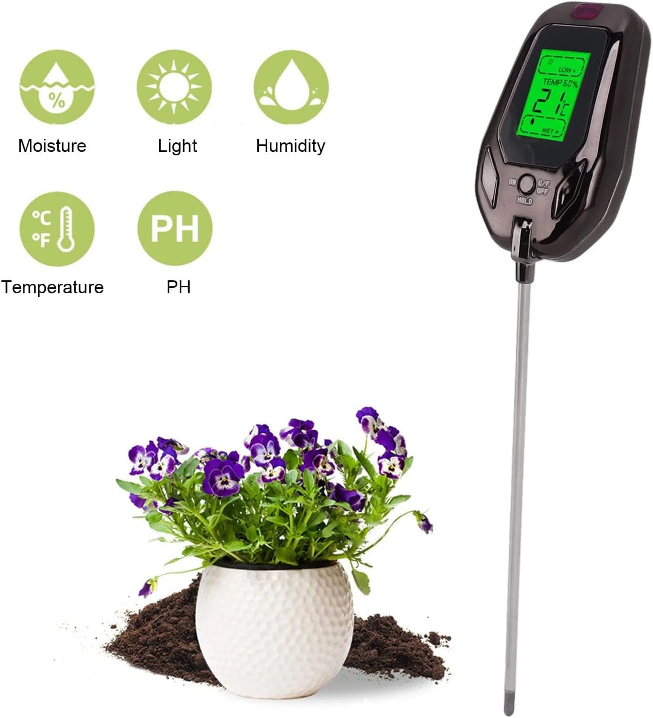 دستگاه تست خاک NALACAL، کیت 5 در 1 سنجش رطوبت خاک/سنجش PH خاک/دما خاک/رطوبت محیط/شدت نور خورشید با صفحه نمایش LCD برای باغ، چمن و گیاهان دستگاه تست خاک NALACAL، کیت 5 در 1 سنجش رطوبت خاک/سنجش PH خاک/دما خاک/رطوبت محیط/شدت نور خورشید با صفحه نمایش LCD برای باغ، چمن و گیاهان