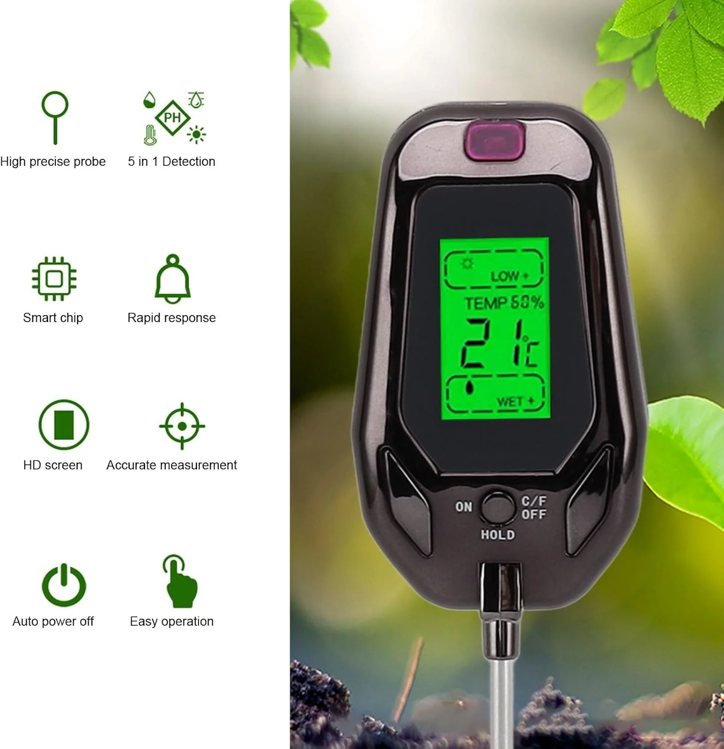 دستگاه تست خاک NALACAL، کیت 5 در 1 سنجش رطوبت خاک/سنجش PH خاک/دما خاک/رطوبت محیط/شدت نور خورشید با صفحه نمایش LCD برای باغ، چمن و گیاهان دستگاه تست خاک NALACAL، کیت 5 در 1 سنجش رطوبت خاک/سنجش PH خاک/دما خاک/رطوبت محیط/شدت نور خورشید با صفحه نمایش LCD برای باغ، چمن و گیاهان
