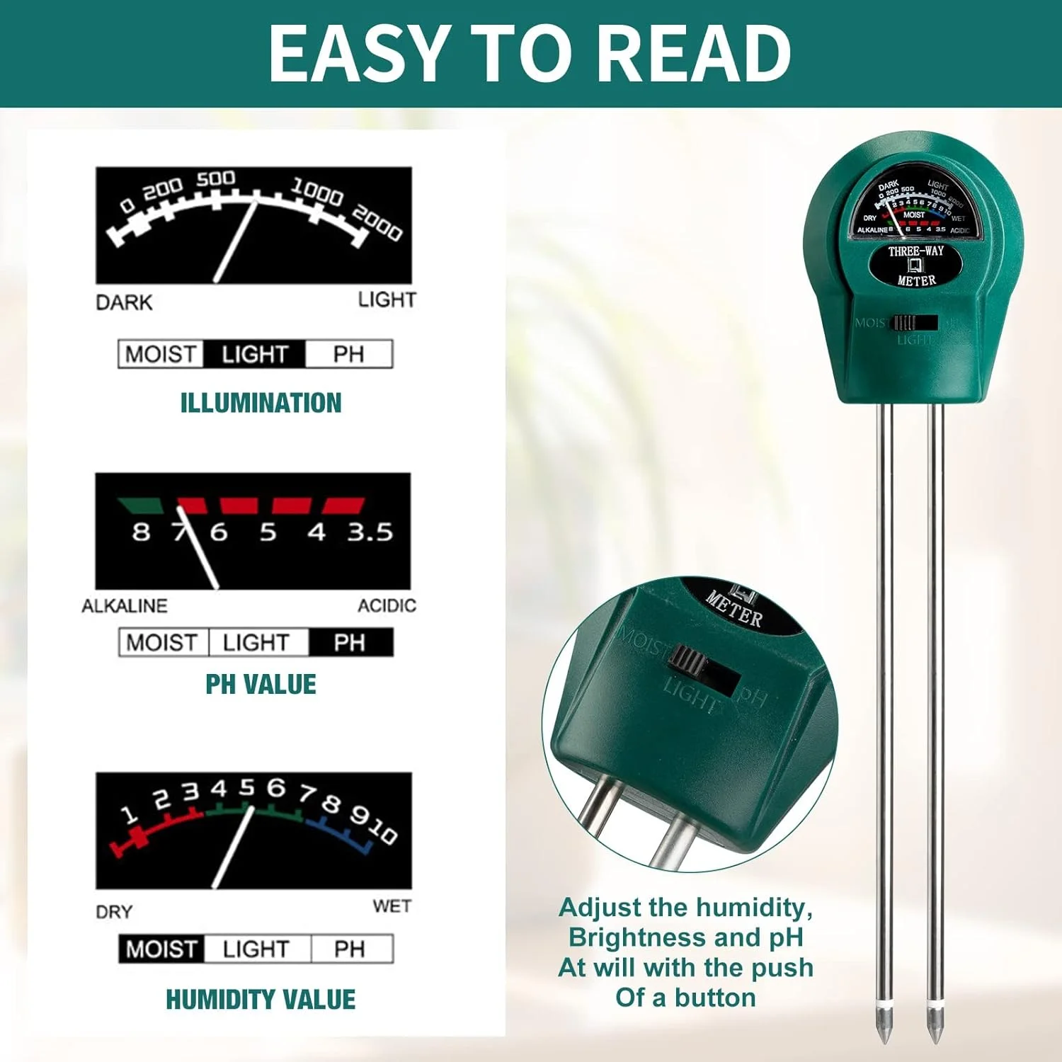تستر خاک، کیت تست رطوبت، pH و نور برای باغبانی در فضای باز و داخلی، رطوبت سنج گیاه برای باغ، چمن، خانه، تستر رطوبت/PH/نور 3 در 1 خاک (10.03) تستر خاک، کیت تست رطوبت، pH و نور برای باغبانی در فضای باز و داخلی، رطوبت سنج گیاه برای باغ، چمن، خانه، تستر رطوبت/PH/نور 3 در 1 خاک (10.03)