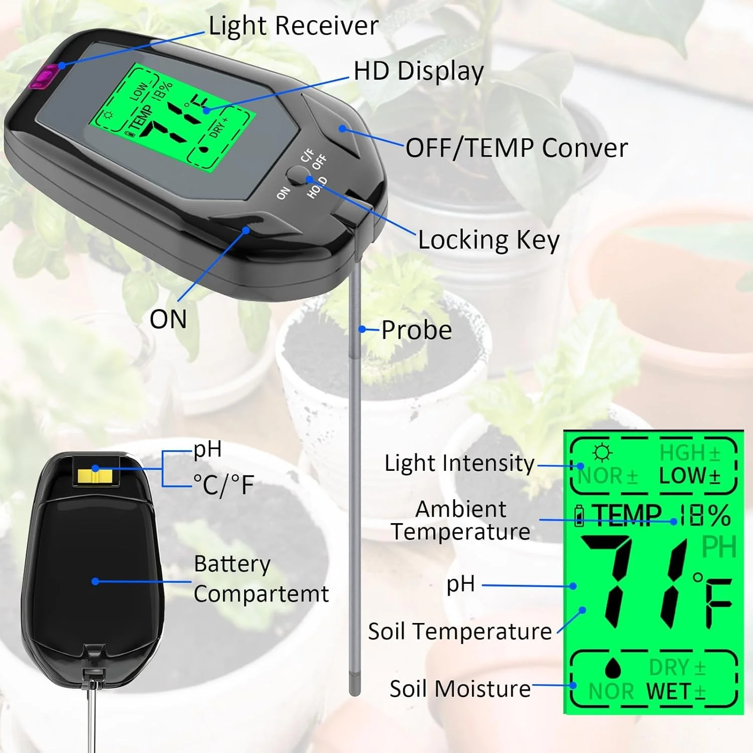 دستگاه تست خاک NALACAL، کیت 5 در 1 سنجش رطوبت خاک/سنجش PH خاک/دما خاک/رطوبت محیط/شدت نور خورشید با صفحه نمایش LCD برای باغ، چمن و گیاهان دستگاه تست خاک NALACAL، کیت 5 در 1 سنجش رطوبت خاک/سنجش PH خاک/دما خاک/رطوبت محیط/شدت نور خورشید با صفحه نمایش LCD برای باغ، چمن و گیاهان