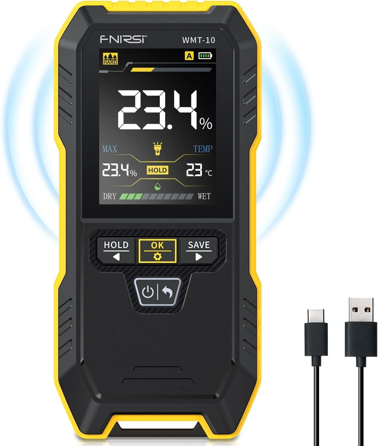 رطوبت سنج چوب شارژی FNIRSI WMT-10، رطوبت سنج بدون پین برای چوب، هیزم، دیوار، پشتیبانی از نگه داشتن و ثبت داده ها، چراغ قوه، رطوبت سنج برای ساختمان های بتنی چوبی