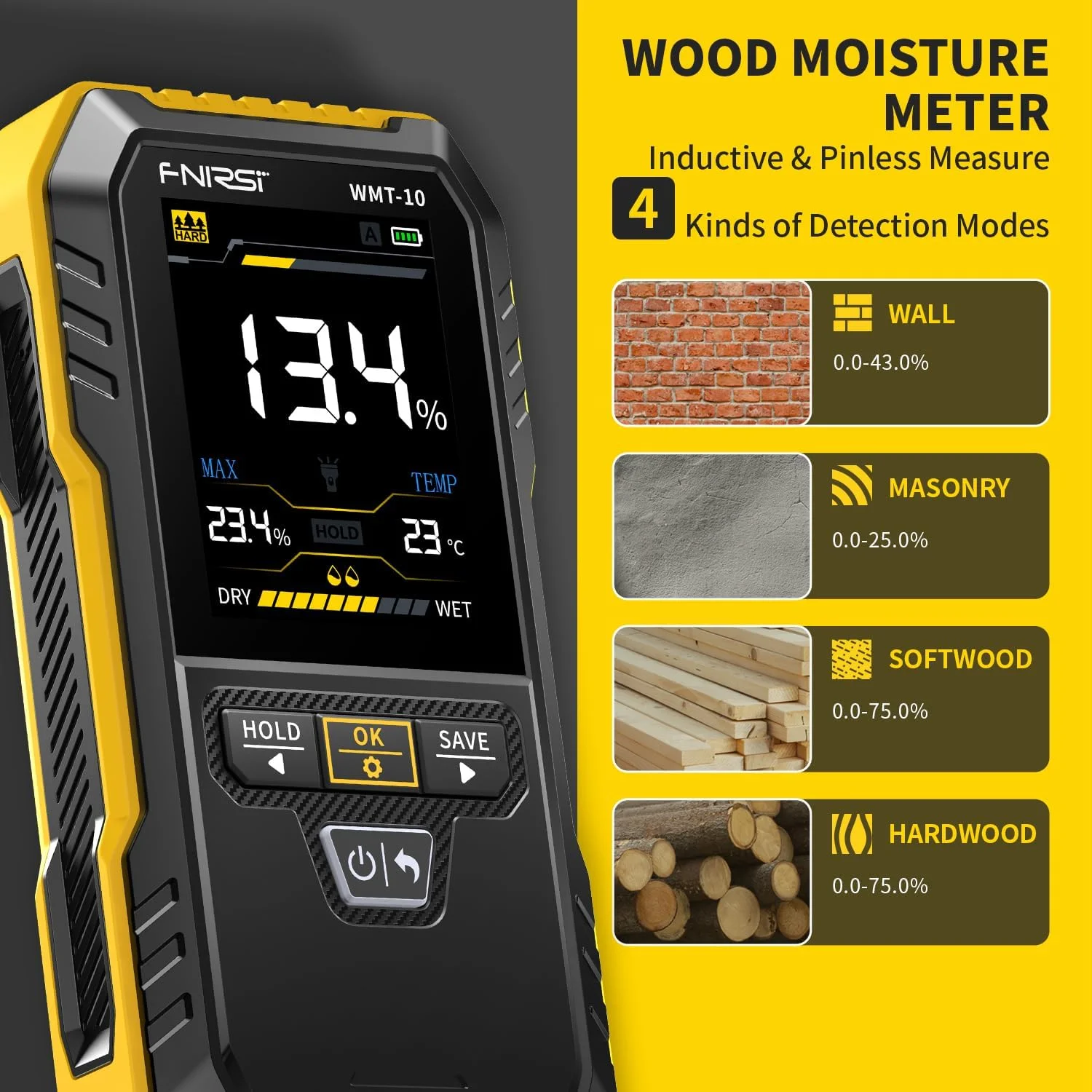 رطوبت سنج چوب شارژی FNIRSI WMT-10، رطوبت سنج بدون پین برای چوب، هیزم، دیوار، پشتیبانی از نگه داشتن و ثبت داده ها، چراغ قوه، رطوبت سنج برای ساختمان های بتنی چوبی