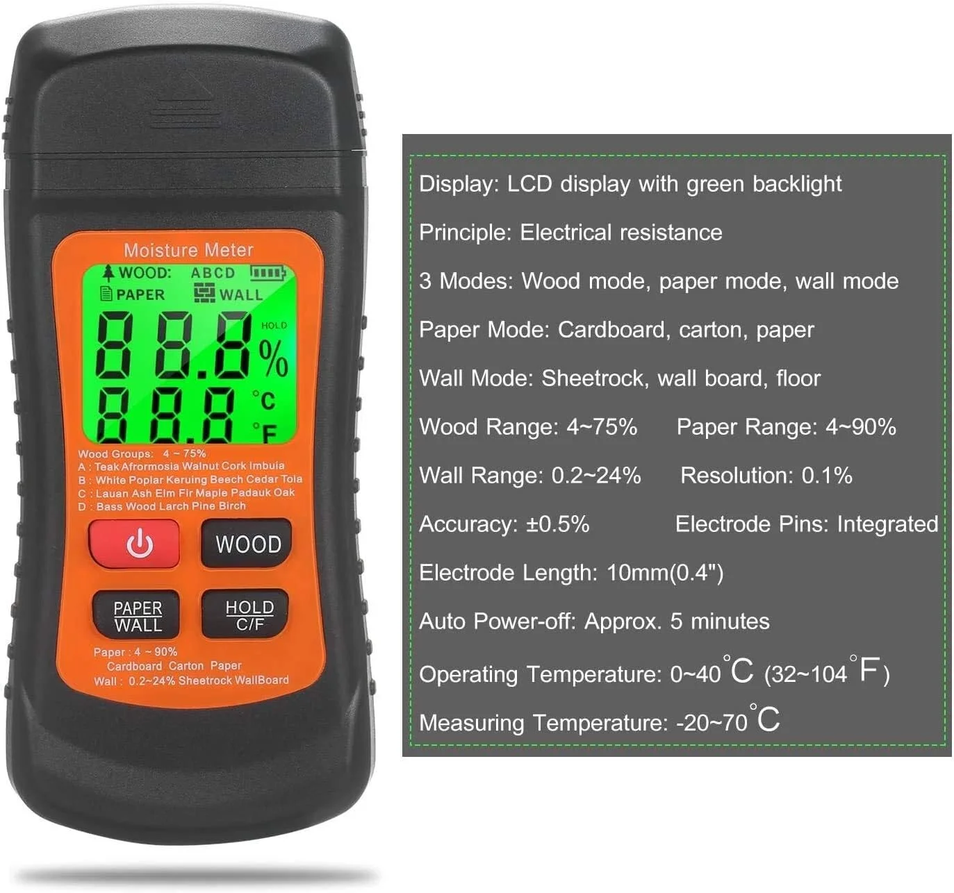 رطوبت سنج چوب JJJ - رطوبت سنج چوب دیجیتال LCD با نور پس زمینه سبز، رطوبت یاب سوزنی برای تشخیص نشت آب و رطوبت