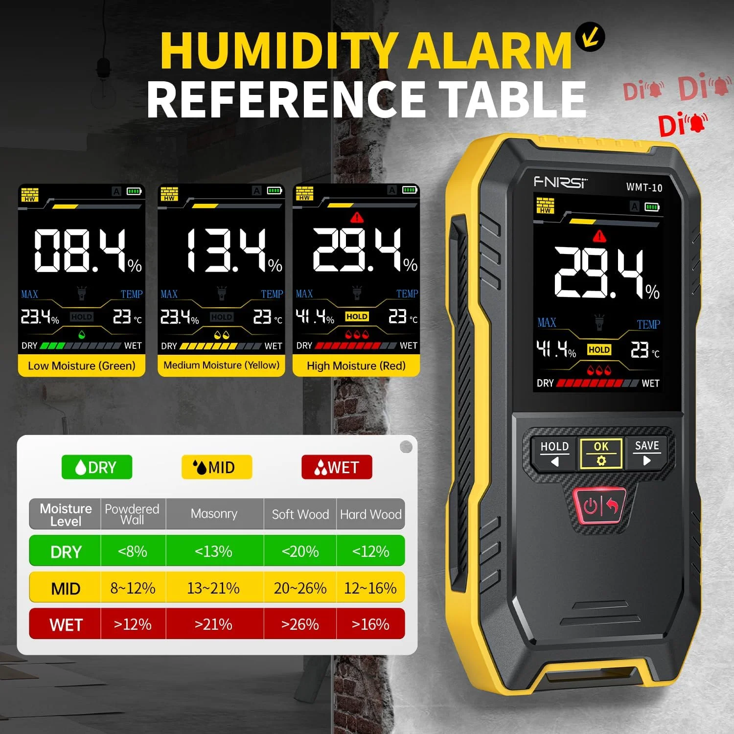 رطوبت سنج چوب شارژی FNIRSI WMT-10، رطوبت سنج بدون پین برای چوب، هیزم، دیوار، پشتیبانی از نگه داشتن و ثبت داده ها، چراغ قوه، رطوبت سنج برای ساختمان های بتنی چوبی