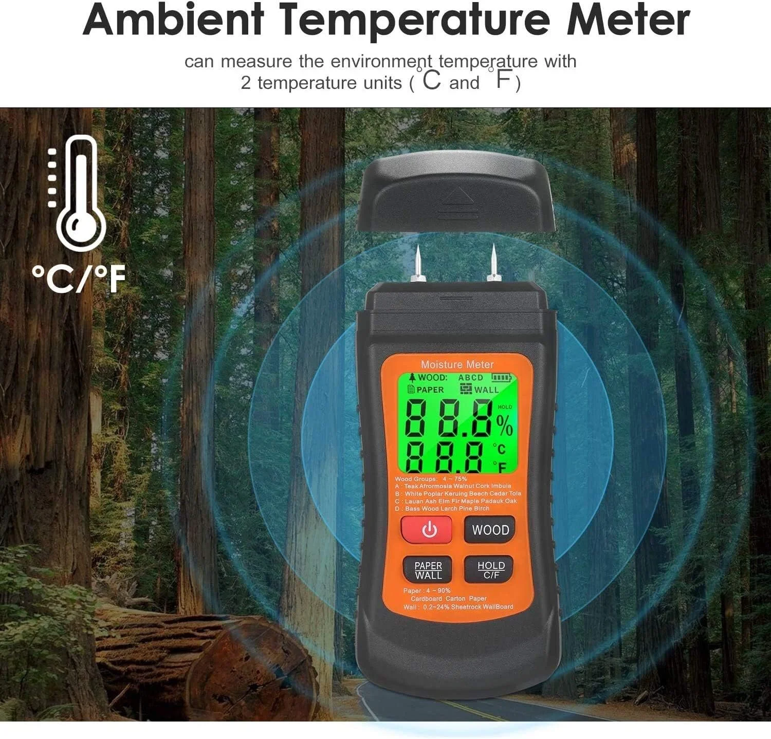 رطوبت سنج چوب JJJ - رطوبت سنج چوب دیجیتال LCD با نور پس زمینه سبز، رطوبت یاب سوزنی برای تشخیص نشت آب و رطوبت