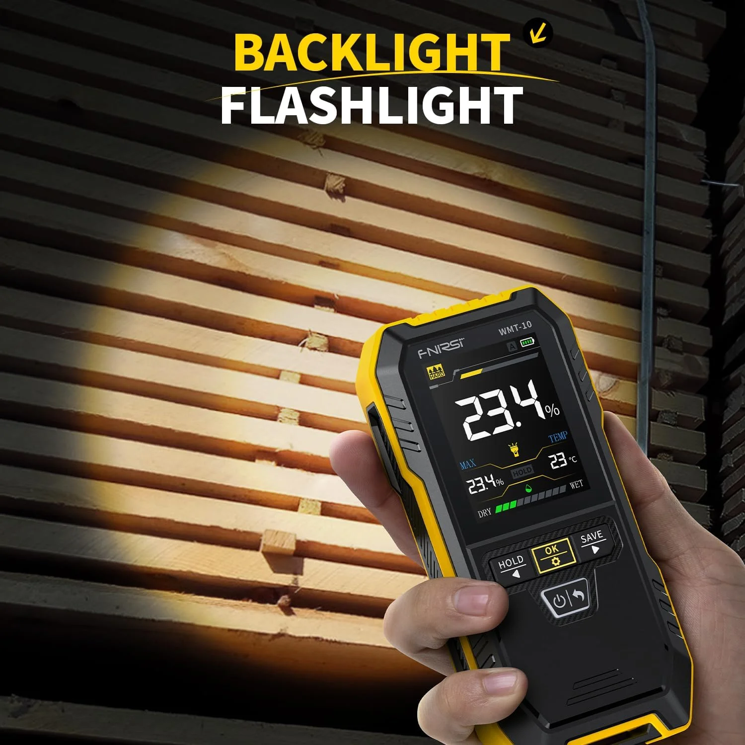 رطوبت سنج چوب شارژی FNIRSI WMT-10، رطوبت سنج بدون پین برای چوب، هیزم، دیوار، پشتیبانی از نگه داشتن و ثبت داده ها، چراغ قوه، رطوبت سنج برای ساختمان های بتنی چوبی