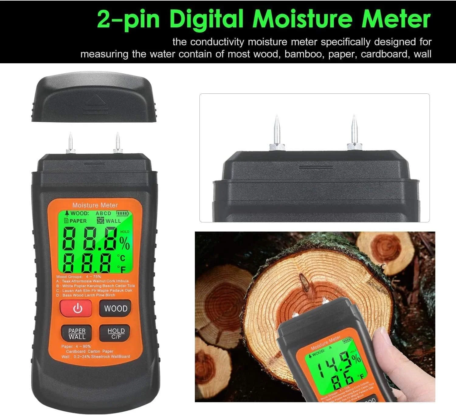 رطوبت سنج چوب JJJ - رطوبت سنج چوب دیجیتال LCD با نور پس زمینه سبز، رطوبت یاب سوزنی برای تشخیص نشت آب و رطوبت