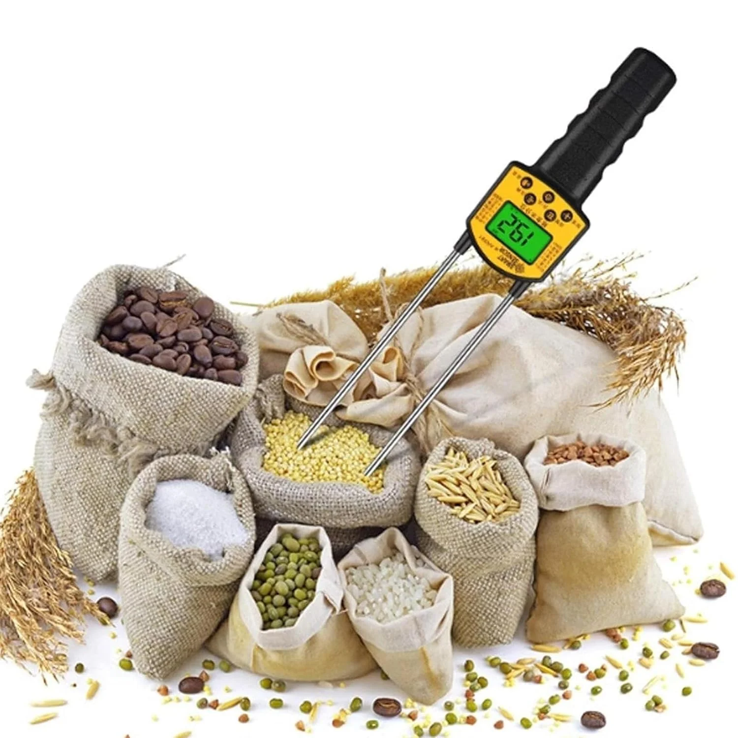 رطوبت سنج دیجیتال LCD غلات، رطوبت سنج غلات با متر آب صوتی، پروب دوتایی هوشمند 0.1% دقت بالا برای گندم ذرت برنج بادام زمینی سویا