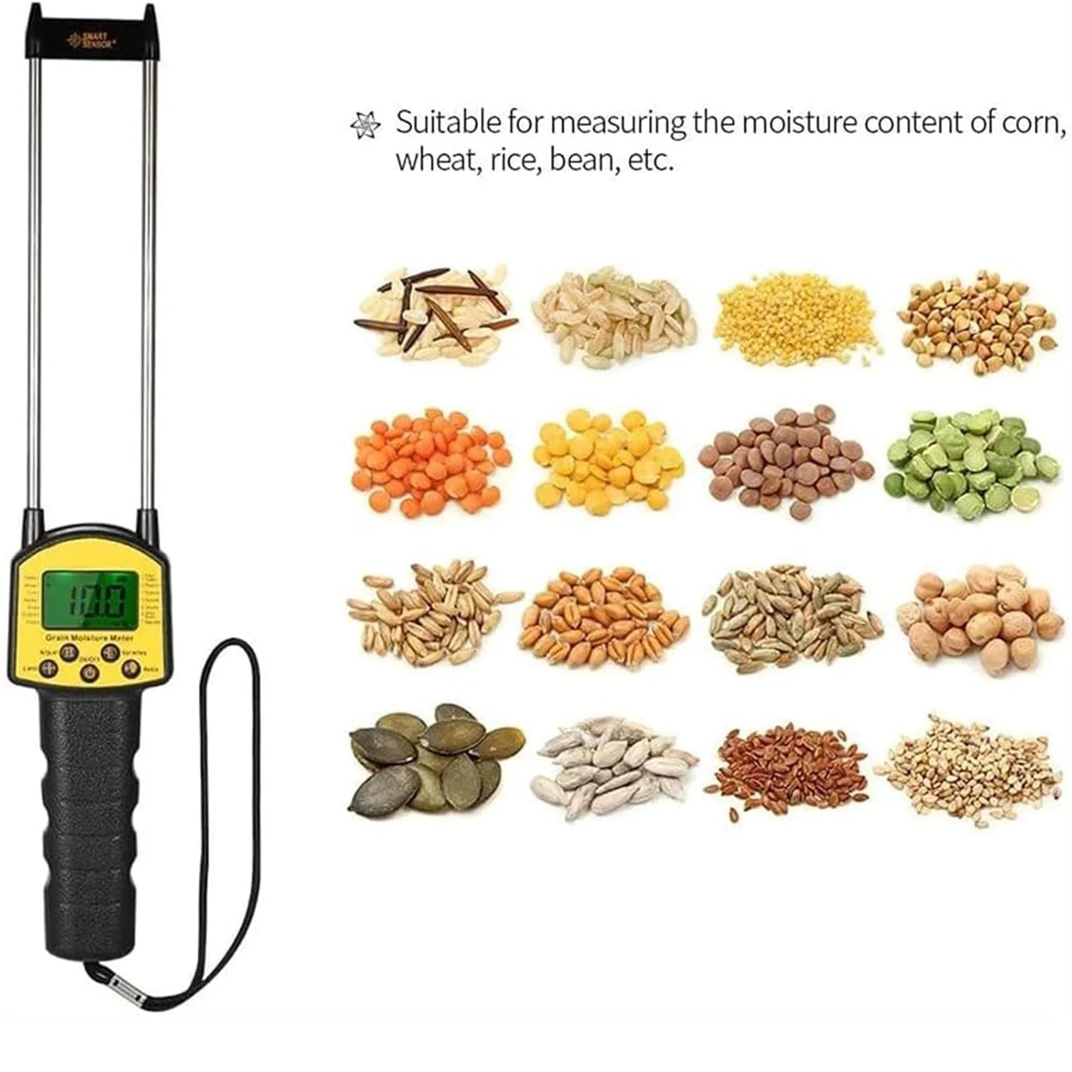 رطوبت سنج دیجیتال LCD غلات، رطوبت سنج غلات با متر آب صوتی، پروب دوتایی هوشمند 0.1% دقت بالا برای گندم ذرت برنج بادام زمینی سویا رطوبت سنج دیجیتال LCD غلات، رطوبت سنج غلات با متر آب صوتی، پروب دوتایی هوشمند 0.1% دقت بالا برای گندم ذرت برنج بادام زمینی سویا