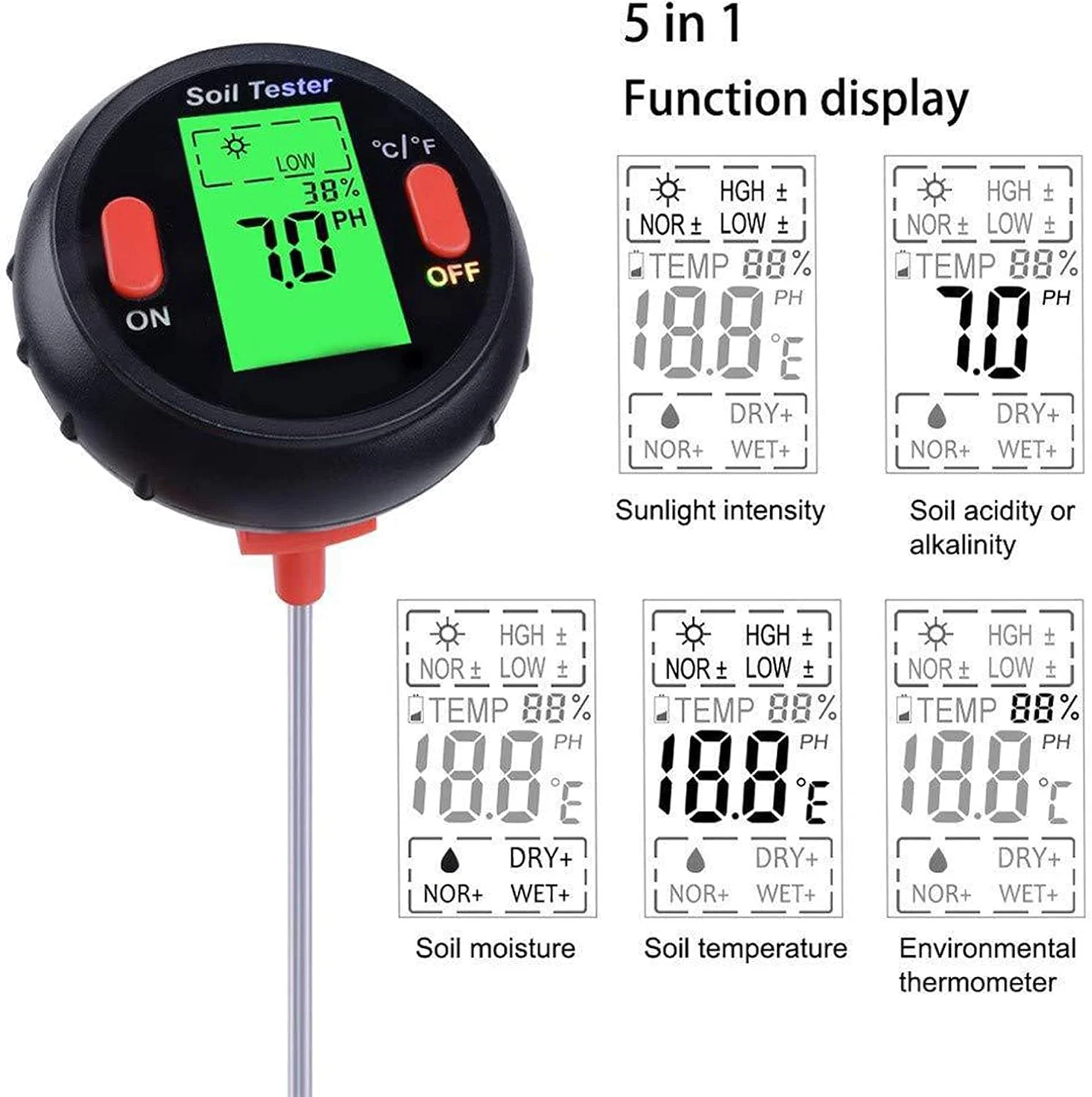 رطوبت سنج خاک 5 در 1 CRTGW، تستر خاک، PH متر خاک، رطوبت سنج دیجیتال خاک، رطوبت سنج برای گیاهان، دما/نور/PH/رطوبت/محیط خاک برای مراقبت از چمن، گل، دانه و چمن در فضای داخلی و خارجی رطوبت سنج خاک 5 در 1 CRTGW، تستر خاک، PH متر خاک، رطوبت سنج دیجیتال خاک، رطوبت سنج برای گیاهان، دما/نور/PH/رطوبت/محیط خاک برای مراقبت از چمن، گل، دانه و چمن در فضای داخلی و خارجی