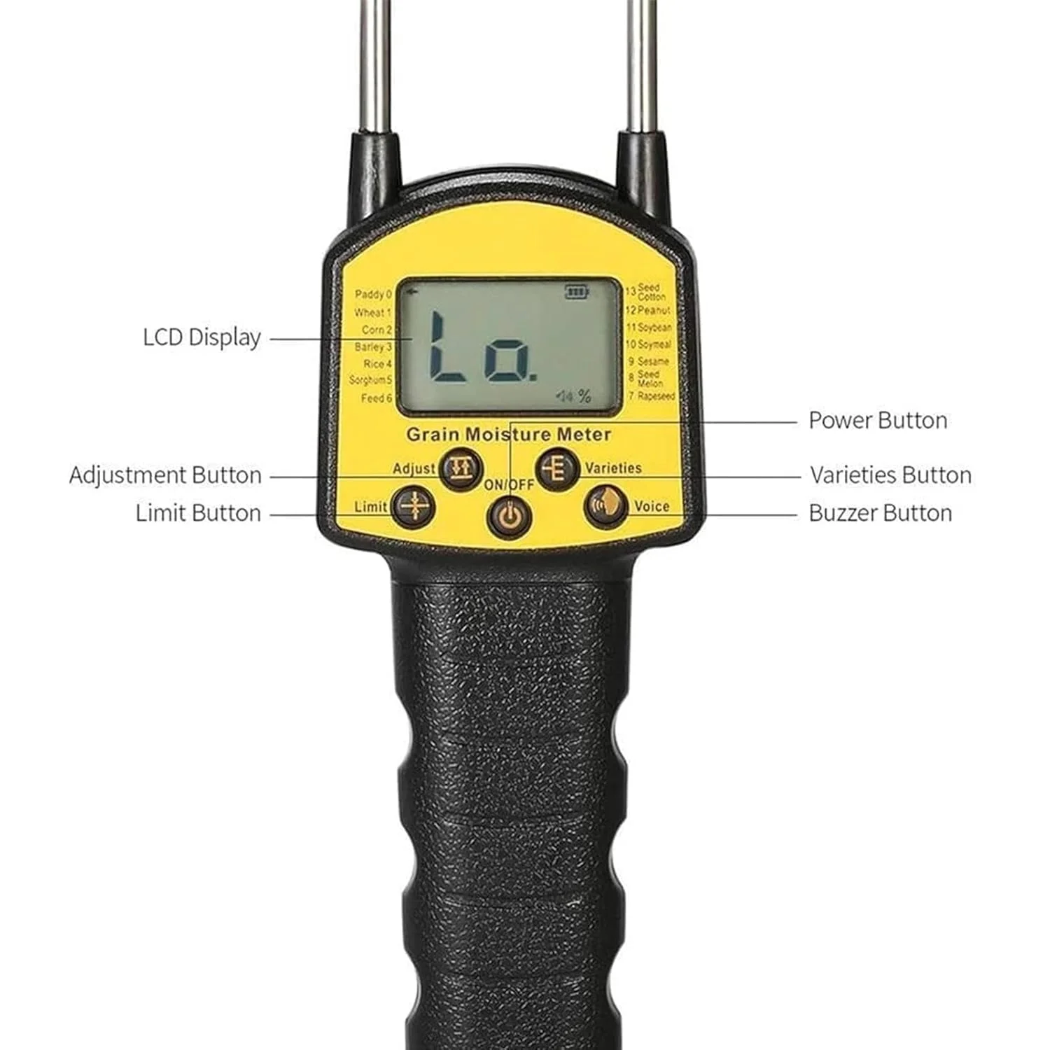 رطوبت سنج دیجیتال LCD غلات، رطوبت سنج غلات با متر آب صوتی، پروب دوتایی هوشمند 0.1% دقت بالا برای گندم ذرت برنج بادام زمینی سویا رطوبت سنج دیجیتال LCD غلات، رطوبت سنج غلات با متر آب صوتی، پروب دوتایی هوشمند 0.1% دقت بالا برای گندم ذرت برنج بادام زمینی سویا
