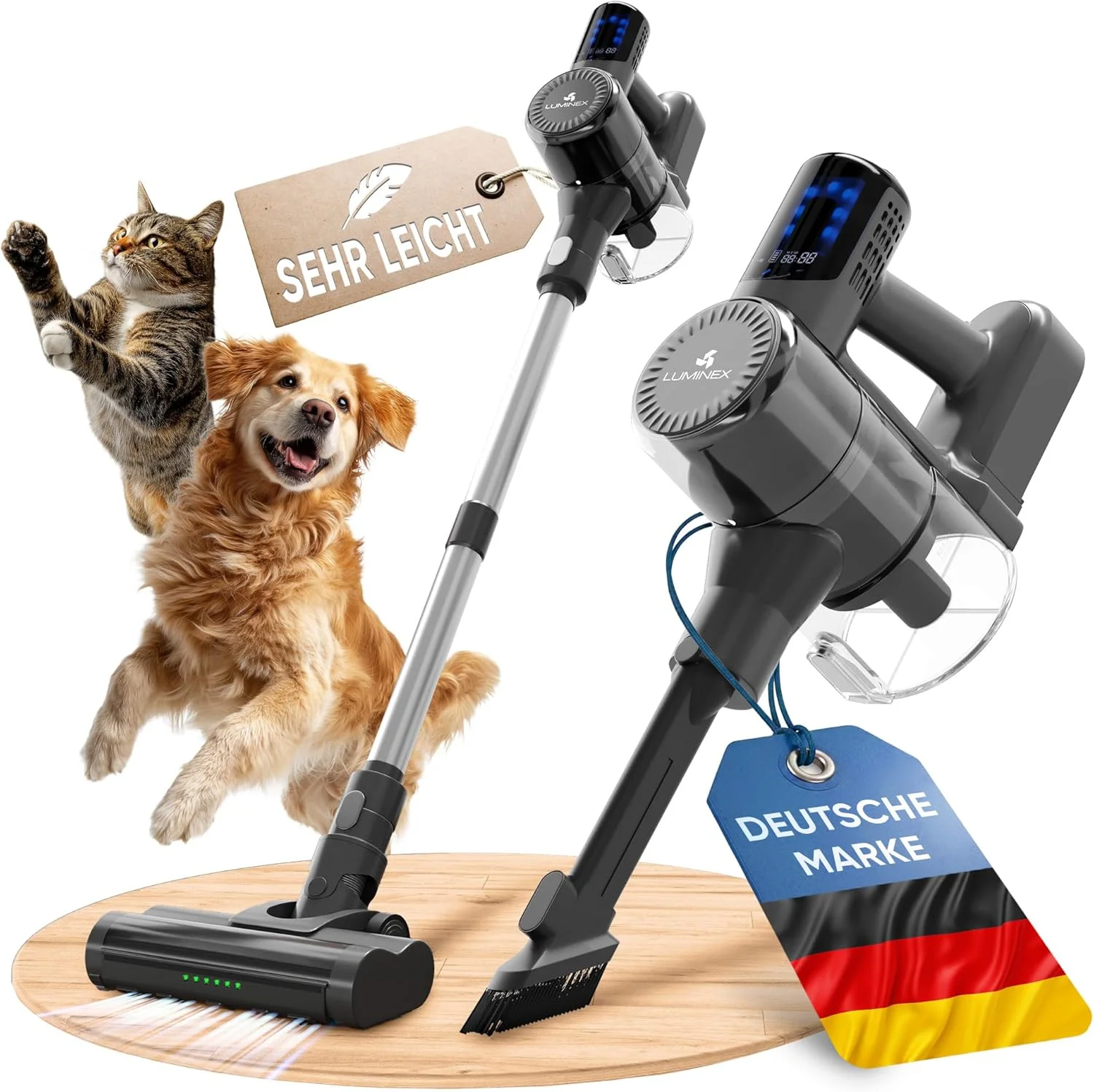 جاروبرقی شارژی [3 در 1] - جاروبرقی بی سیم با نمایشگر LED و نشانگر زمان واقعی باتری | برس ضد گره خوردگی برای موی حیوانات خانگی | مجموعه کامل جاروبرقی شارژی بدون کیسه برای خودرو