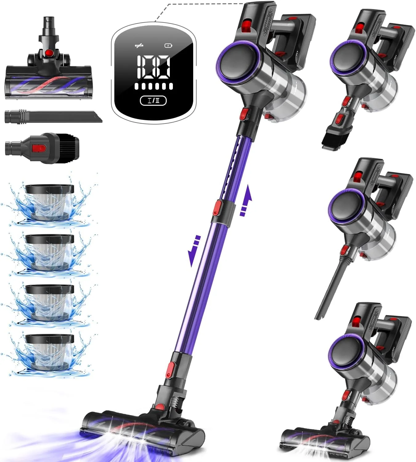 جاروبرقی بی سیم Authmic با قدرت 45000Pa/500W/50 دقیقه، دارای صفحه نمایش LED، ظرفیت 1.6 لیتر، برس ضد گره، مناسب برای سطوح سخت، فرش و موی حیوانات خانگی