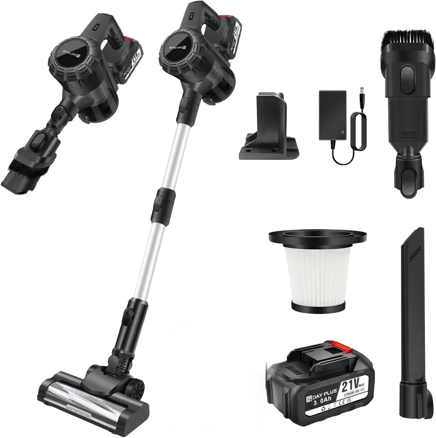 جاروبرقی شارژی، جاروبرقی ایستاده دستی، جاروبرقی بی سیم 15000 PA با باتری 3.0 آمپر ساعت، تا 45 دقیقه زمان کارکرد، چراغ های LED و مقاوم در برابر گره خوردگی مو، ابزار مخصوص پله و شکاف همراه، برای خانه، ماشین، حیوانات خانگی