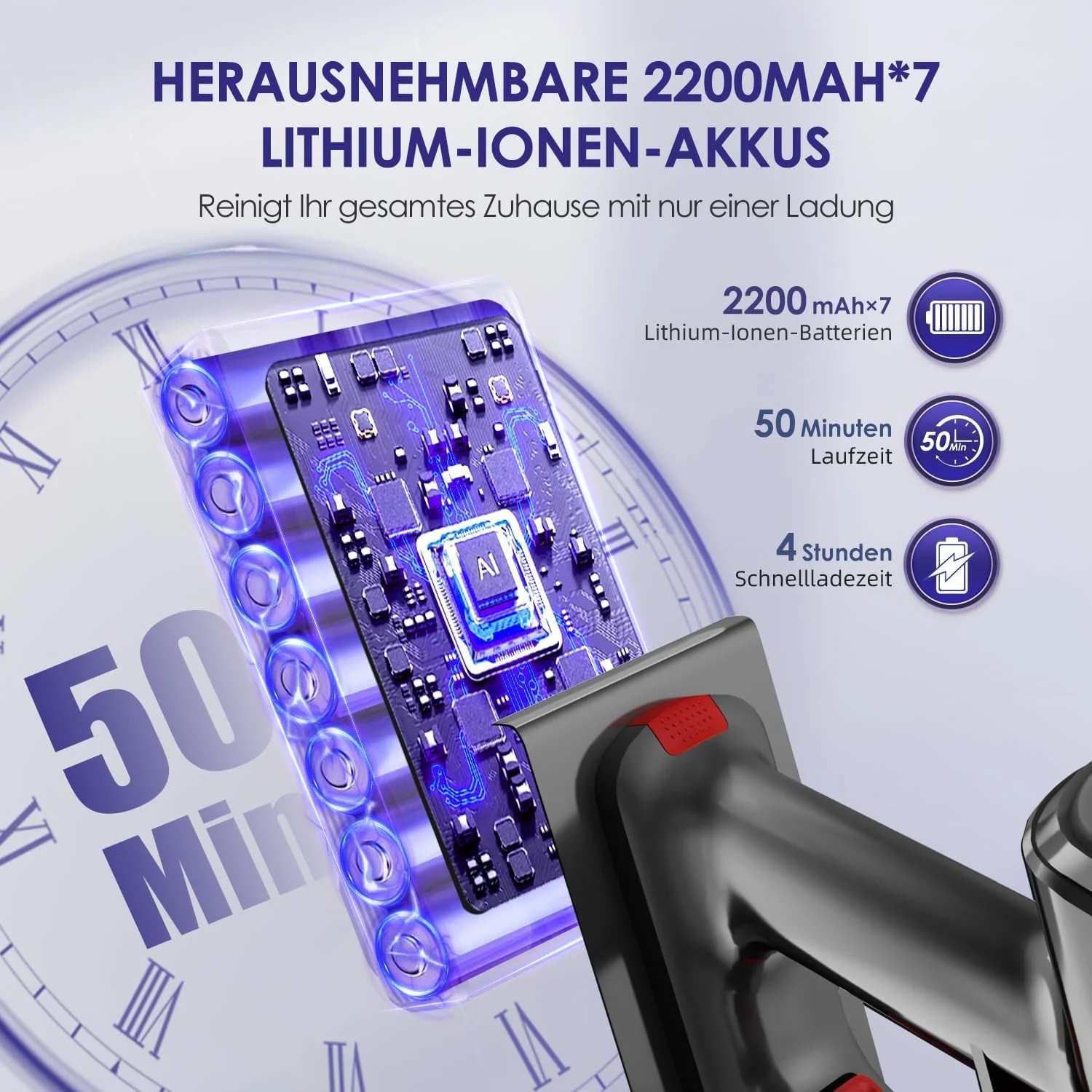 جاروبرقی شارژی Authmic با قدرت 45000 پاسکال، جاروبرقی بی سیم با صفحه لمسی، فیلتر H13 HEPA، 50 دقیقه زمان کار، برس ضد گره، مناسب برای سطوح سخت، فرش و موی حیوانات خانگی