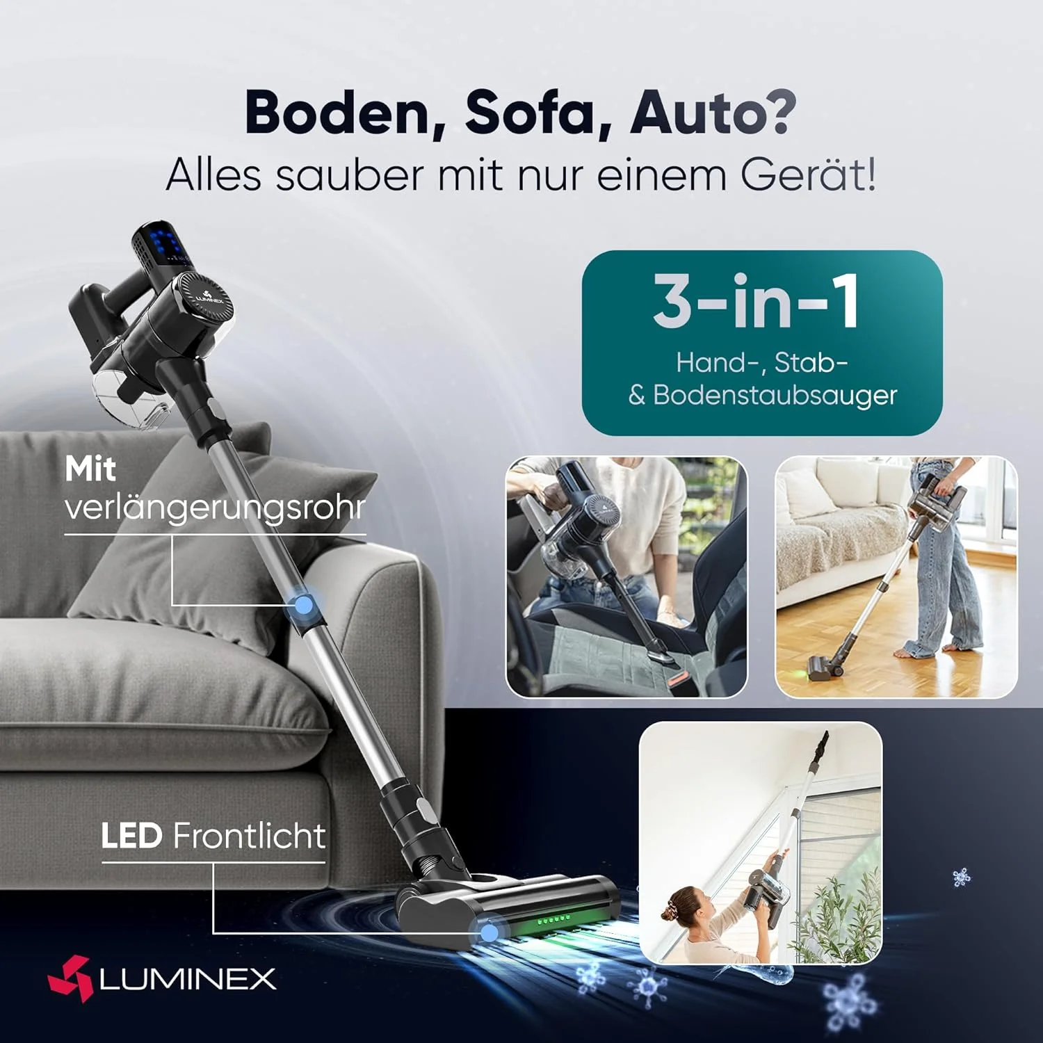 جاروبرقی شارژی [3 در 1] - جاروبرقی بی سیم با نمایشگر LED و نشانگر زمان واقعی باتری | برس ضد گره خوردگی برای موی حیوانات خانگی | مجموعه کامل جاروبرقی شارژی بدون کیسه برای خودرو