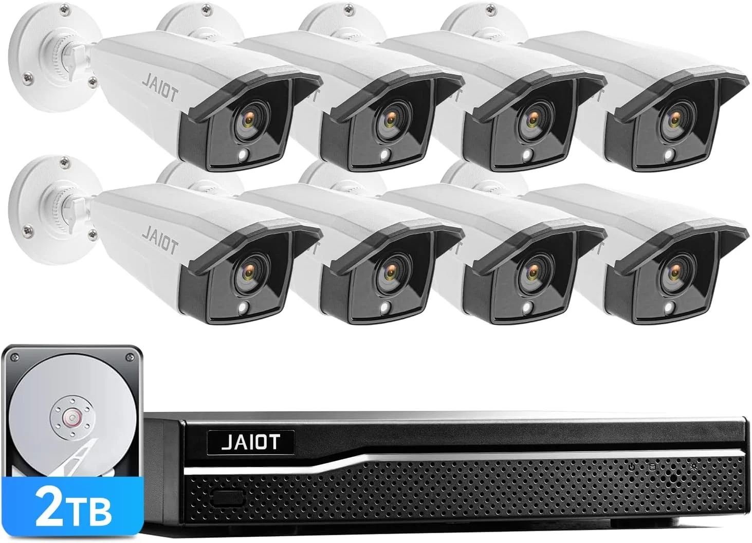 سیستم دوربین مداربسته تحت شبکه 8 کانال 4K با سیم JAIOT، کیت نظارتی NVR H.265+ برای خانه با تشخیص حرکت، بدنه فلزی، ضبط 24 ساعته، 2 ترابایت، دید در شب، IP66