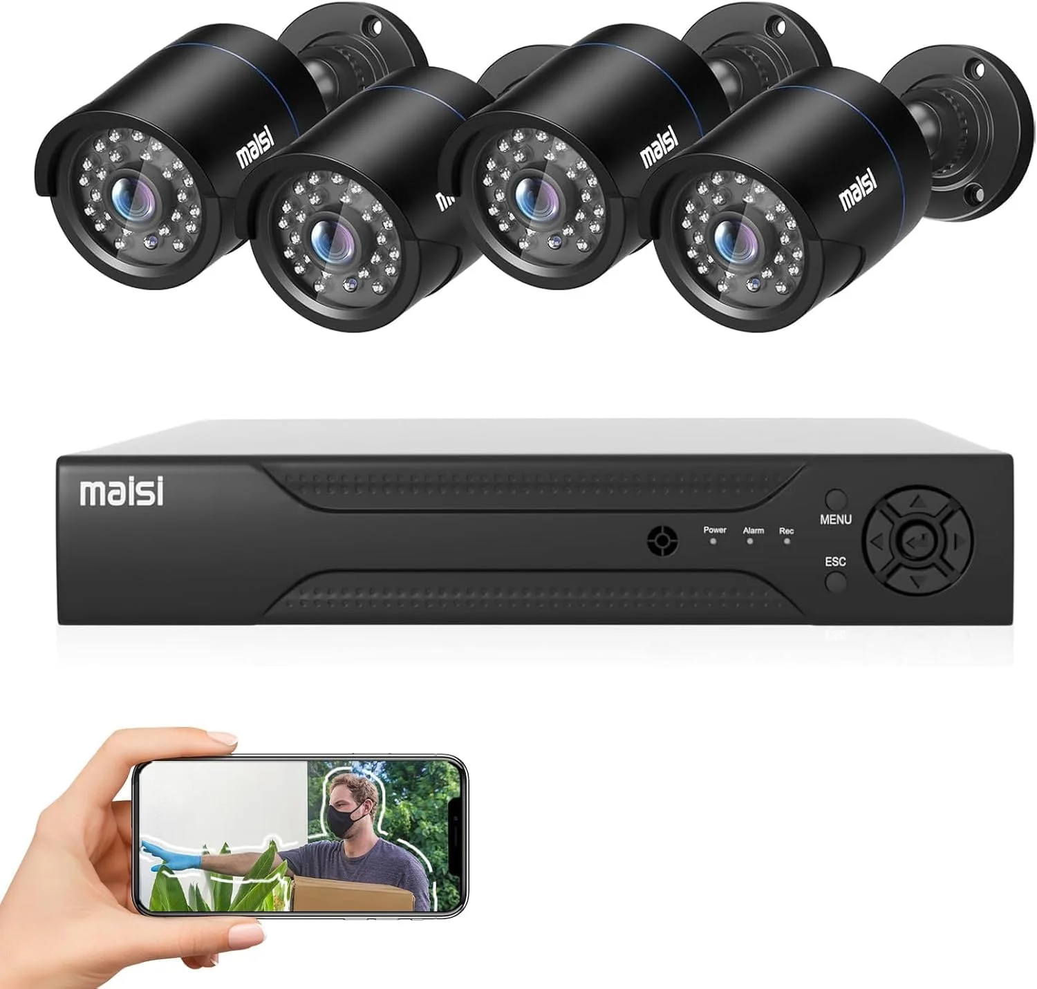 سیستم دوربین مداربسته 1080p maisi، ضبط کننده DVR 8 کاناله با 4 عدد دوربین 2 مگاپیکسلی گلوله ای فضای باز/داخلی (دسترسی آسان موبایل و رایانه شخصی، هشدار فشار برنامه، ضد آب، بدون هارد دیسک)