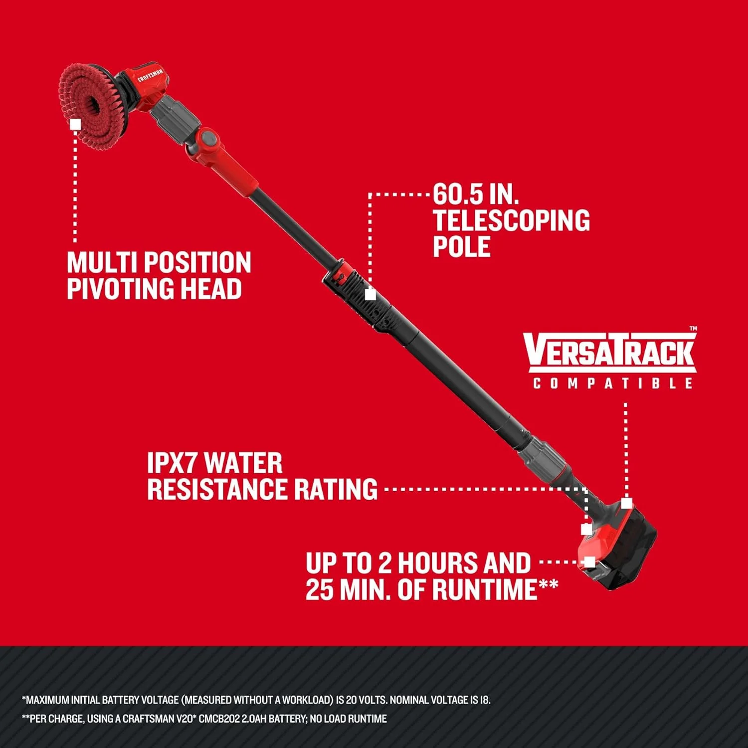 کیت اسکرابر برقی 2 در 1 بی سیم CRAFTSMAN V20، چند منظوره، شامل برس مویی، باتری 2 آمپر ساعت، شارژر باتری V20 و میله تلسکوپی 60.5 اینچی (CMCPS520D1)