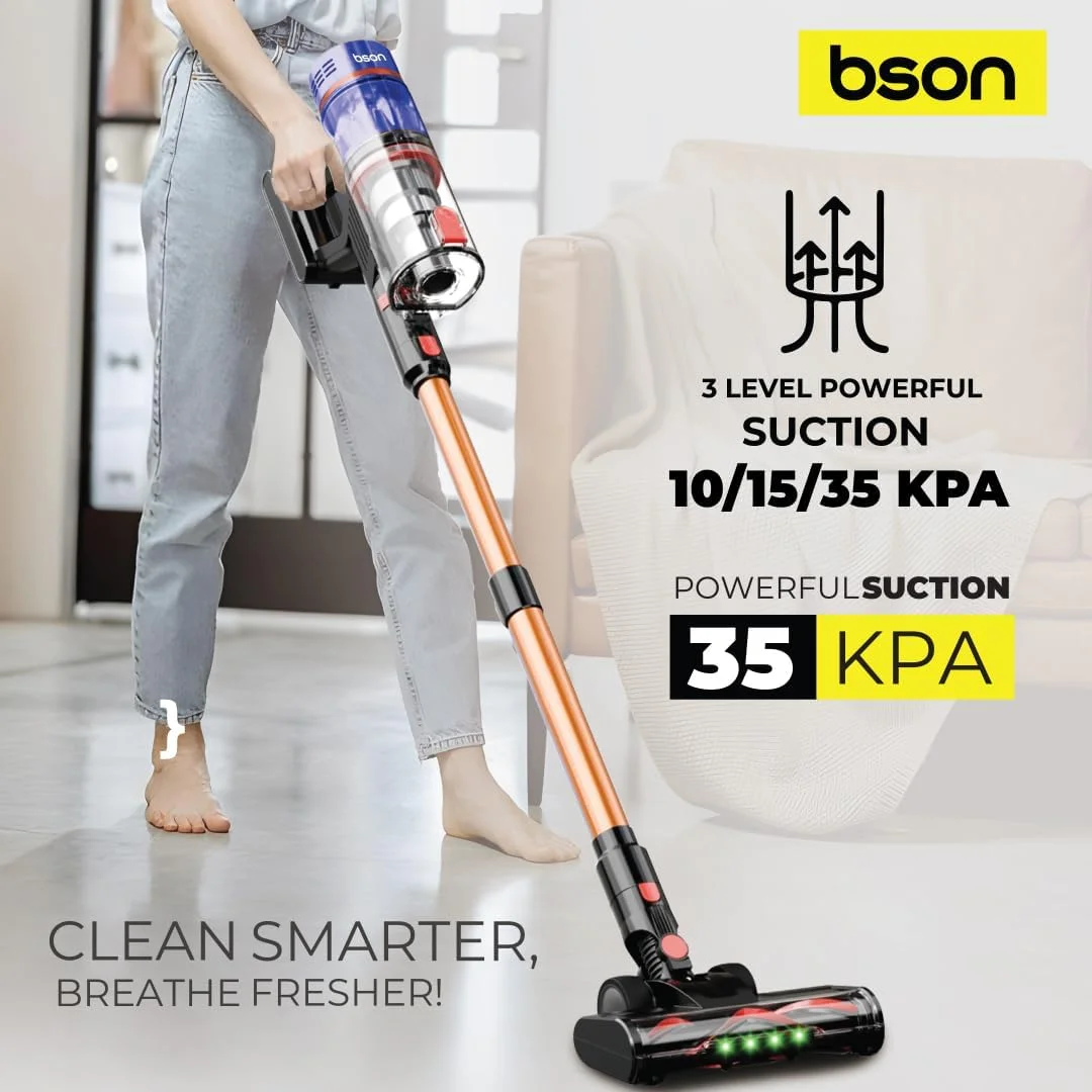 جاروبرقی شارژی Bson با باتری 2200mAh - قدرت مکش 3 سطح (10KPA/15KPA/35KPA)، صفحه نمایش لمسی هوشمند، برس دو غلتکی، مخزن گرد و غبار 1.2 لیتری، سبک وزن برای استفاده در خانه و ماشین