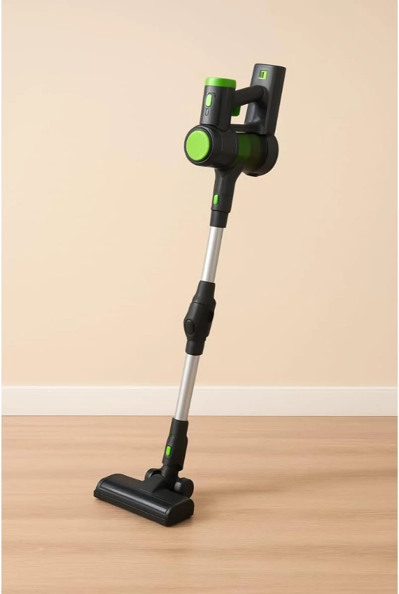 جاروبرقی عصایی بی‌سیم با چراغ‌های LED، دسته قابل تنظیم، مشکی و سبز