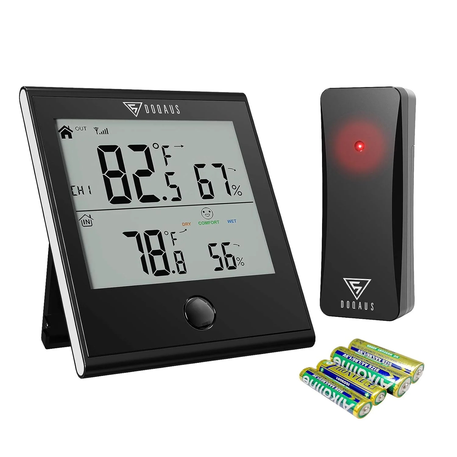 دماسنج و رطوبت سنج دیجیتال بی سیم داخلی و خارجی DOQAUS، دماسنج اتاق با برد 90 متری، شامل باتری