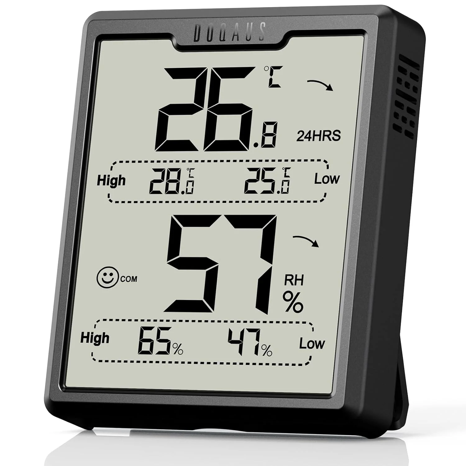 دماسنج دیجیتال اتاق DOQAUS، رطوبت سنج با صفحه نمایش بزرگ، دماسنج رطوبت سنج با آیکون، تازه سازی 5 ثانیه ای، مانیتور دمای اتاق رطوبت سنج برای خانه/دفتر/اتاق کودک/اتاق نوزاد (مشکی-A)