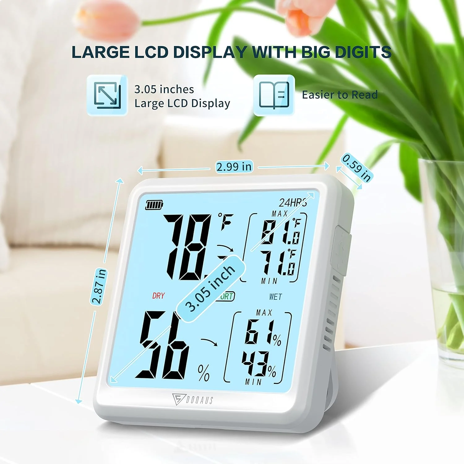 دماسنج و رطوبت سنج داخلی DOQAUS، رطوبت سنج دیجیتال کوچک با دقت بالا، نرخ تازه سازی 5 ثانیه، صفحه نمایش بزرگ، نشانگر کم بودن باتری، مناسب برای خانه/اتاق کودک/گلخانه (سفید)