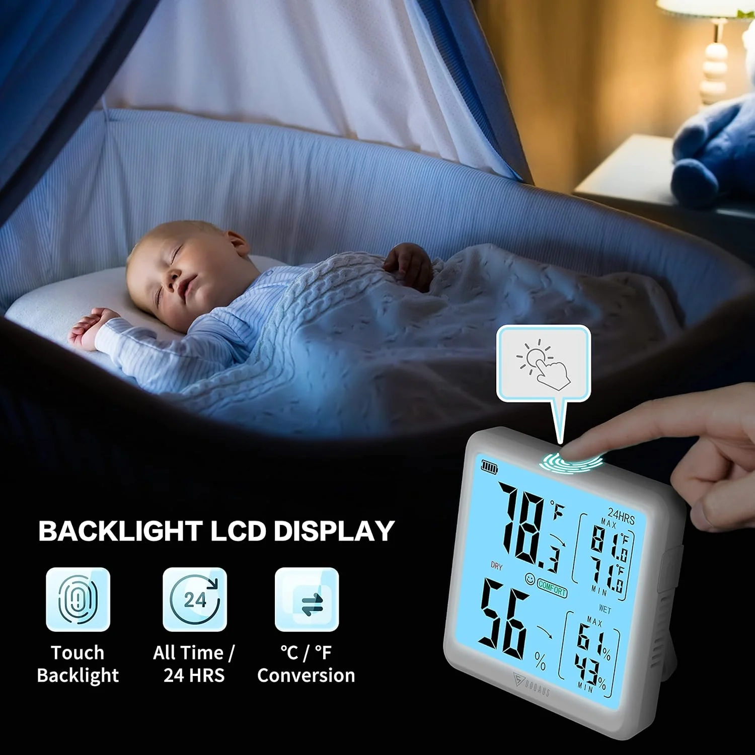 دماسنج و رطوبت سنج داخلی DOQAUS، رطوبت سنج دیجیتال کوچک با دقت بالا، نرخ تازه سازی 5 ثانیه، صفحه نمایش بزرگ، نشانگر کم بودن باتری، مناسب برای خانه/اتاق کودک/گلخانه (سفید)