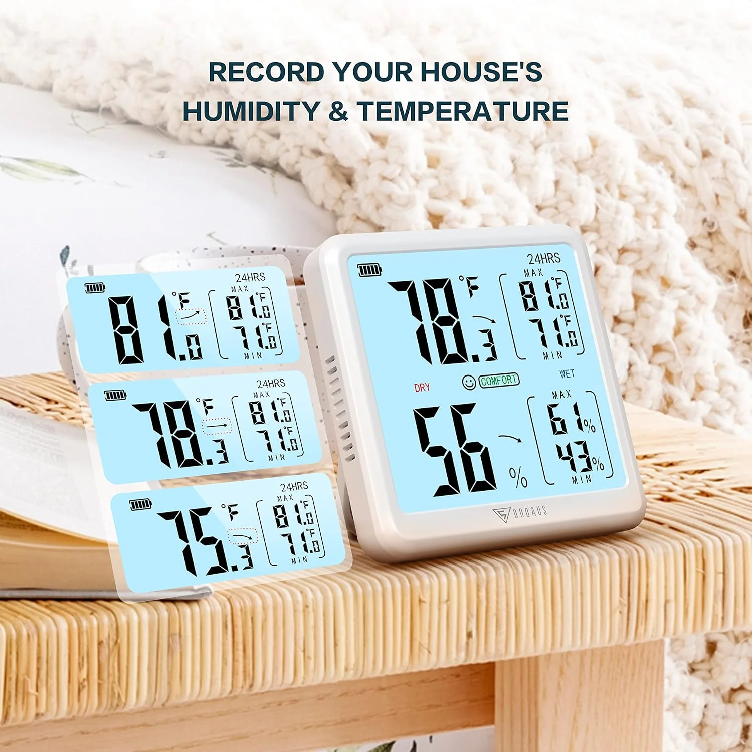 دماسنج و رطوبت سنج داخلی DOQAUS، رطوبت سنج دیجیتال کوچک با دقت بالا، نرخ تازه سازی 5 ثانیه، صفحه نمایش بزرگ، نشانگر کم بودن باتری، مناسب برای خانه/اتاق کودک/گلخانه (سفید)