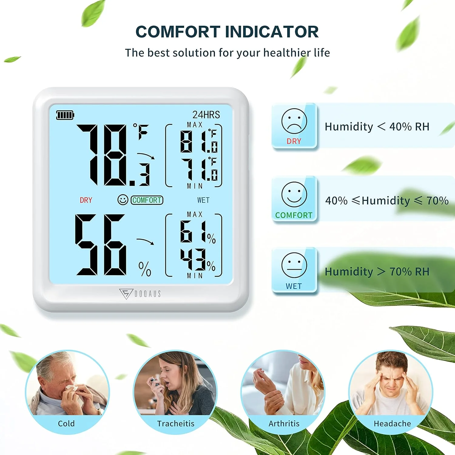 دماسنج و رطوبت سنج داخلی DOQAUS، رطوبت سنج دیجیتال کوچک با دقت بالا، نرخ تازه سازی 5 ثانیه، صفحه نمایش بزرگ، نشانگر کم بودن باتری، مناسب برای خانه/اتاق کودک/گلخانه (سفید)