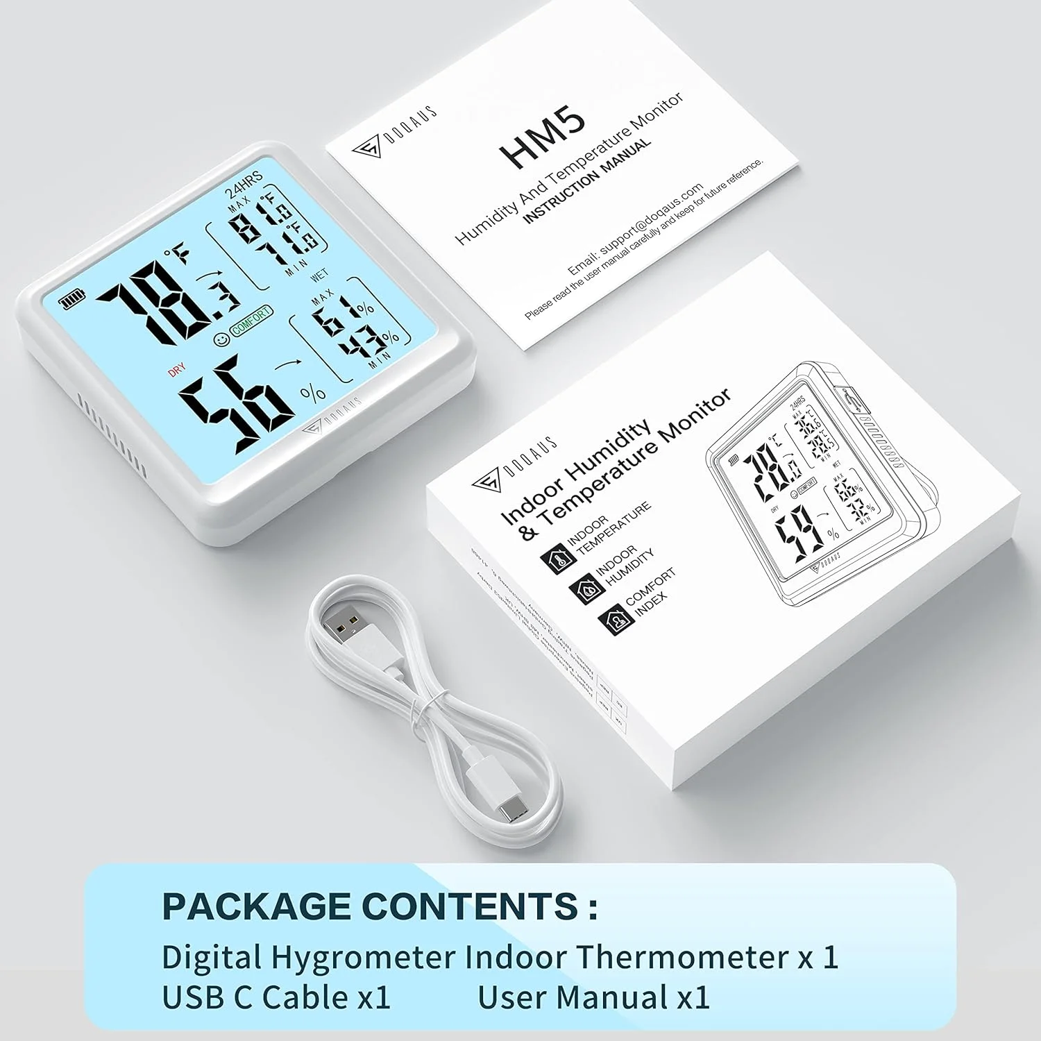 دماسنج و رطوبت سنج داخلی DOQAUS، رطوبت سنج دیجیتال کوچک با دقت بالا، نرخ تازه سازی 5 ثانیه، صفحه نمایش بزرگ، نشانگر کم بودن باتری، مناسب برای خانه/اتاق کودک/گلخانه (سفید)