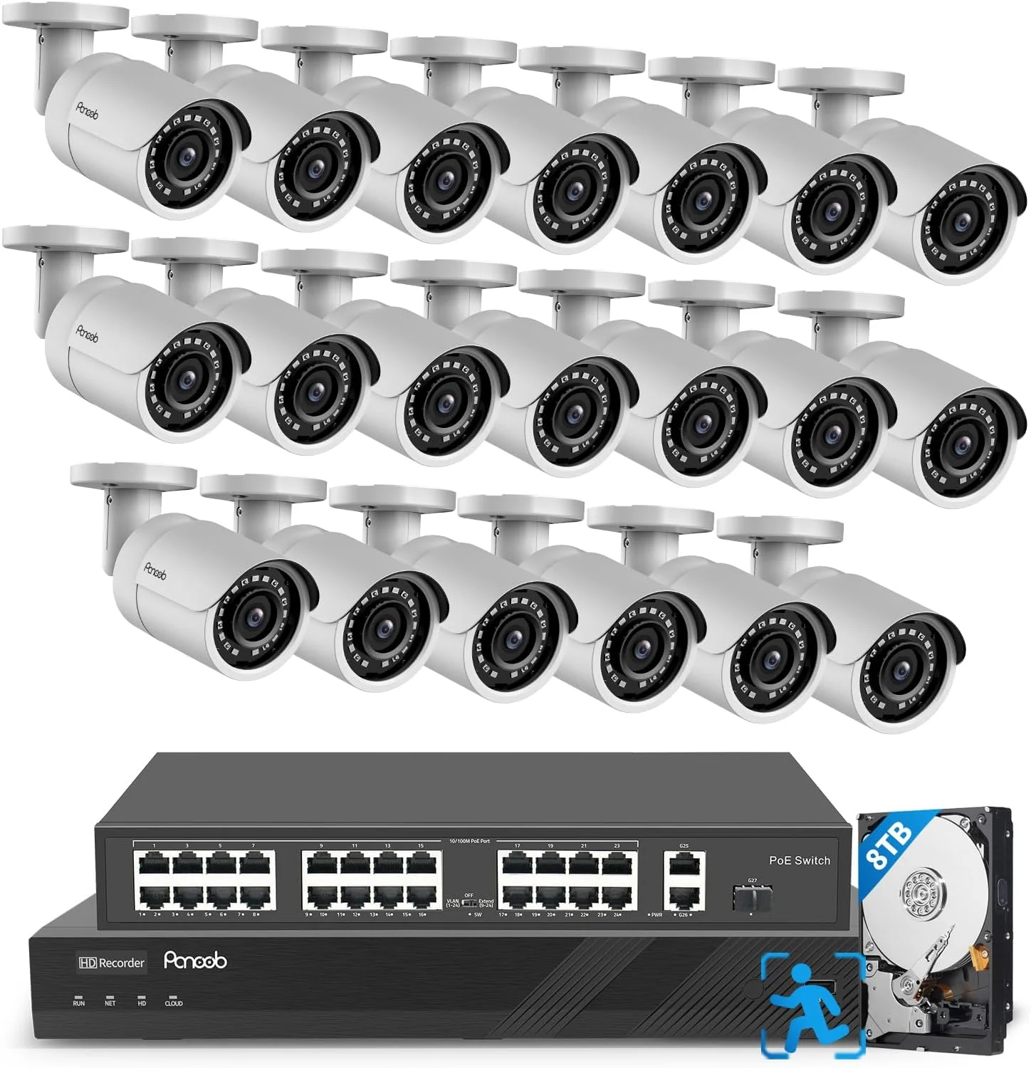 PANOOB 32 Channel Security Camera System 4K, 20pcs 8MP Wired Outdoor Home Surveillance IP PoE Cameras with Human Vehicle Detection, Remote Playback Built-in Mic, 4K 32CH NVR 8TB HDD, PB37F2032-8M