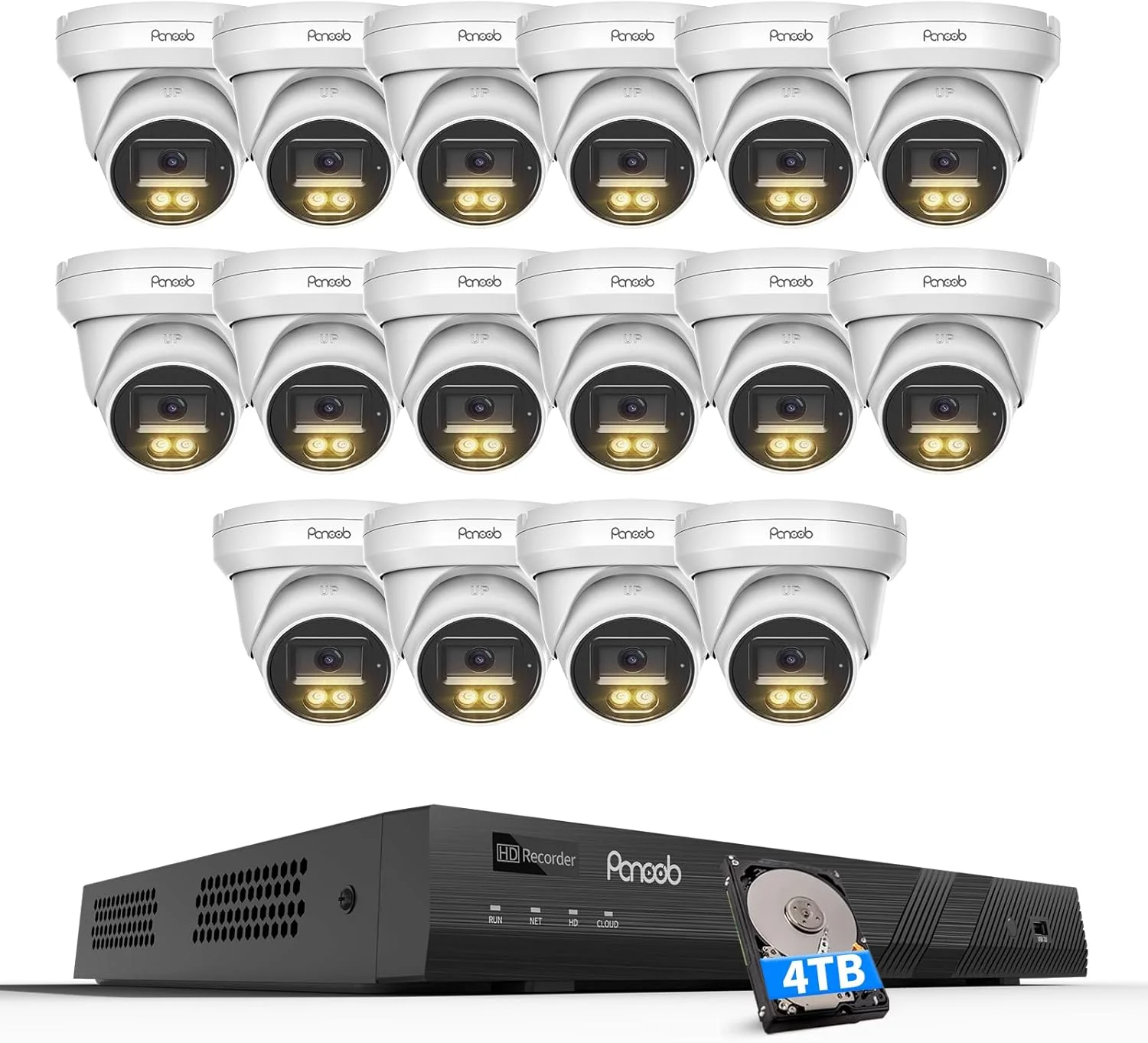 سیستم دوربین مداربسته 16 کاناله PANOOB 4K PoE، شامل 16 دوربین دام IP PoE سیم دار 8 مگاپیکسلی، دید در شب رنگی با نورافکن، تشخیص انسان و وسیله نقلیه، دسترسی از راه دور صوتی یک طرفه، NVR 16 کاناله 4K با هارد دیسک 4 ترابایتی، مدل PD93BA1616-8MD