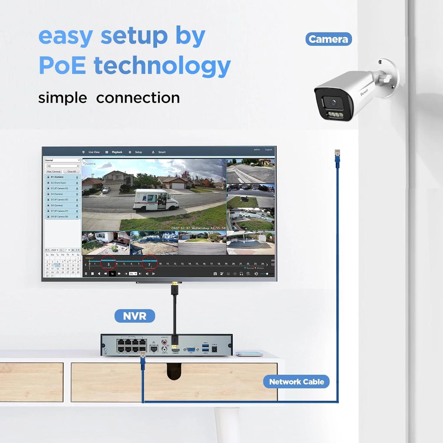 PANOOB 4K Security Camera System PoE, 6X 8MP Wired Security IP Bullet Camera wih AI Human Vehicle Detection, 2-Way Audio, Smart Spotlight Color Night Vision, 4K 8CH NVR 2TB HDD, PB65A0608-8MD - تصویر 2