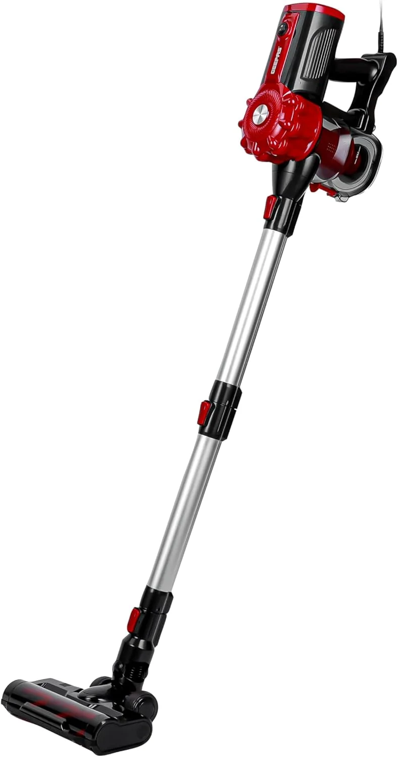 جاروبرقی عصایی و دستی Geepas مدل GVC19037 / سیستم فیلتراسیون سیکلونیک، پلاستیکی با فیلتر HEPA / ایده آل برای خانه، دفتر، آپارتمان، مشکی و قرمز
