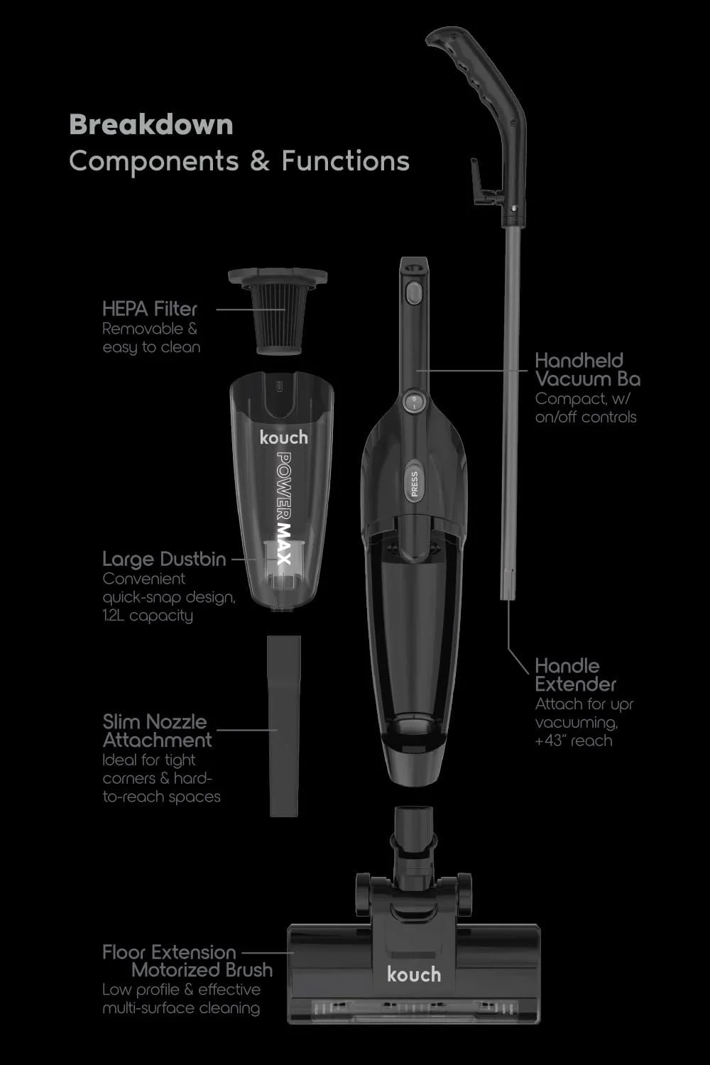 جاروبرقی عصایی 3 در 1 Kouch آلمان، مکش 600 واتی 18KPa، سیم 8 متری با پاک کننده عصایی دستی سبک وزن چند منظوره برای کف سخت/فرش/موهای حیوانات خانگی، (KSV2031)