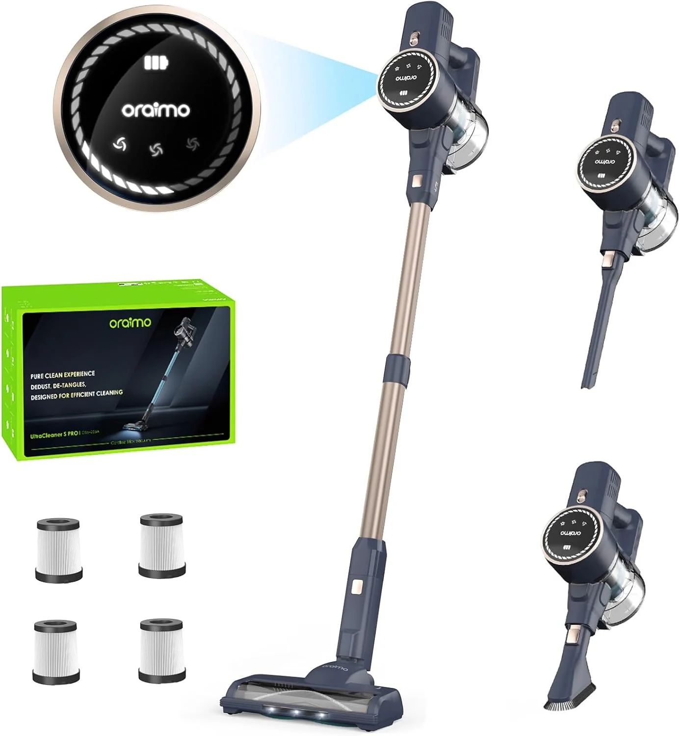 جاروبرقی شارژی اورایمو 6 در 1 با موتور براشلس انحصاری 270 واتی، مکش 24KPA، نمایشگر دیجیتال، برس ضد گره خوردگی ارتقا یافته، تا 45 دقیقه زمان کارکرد، جاروبرقی عصایی برای فرش و کف سخت، 4 فیلتر HEPA