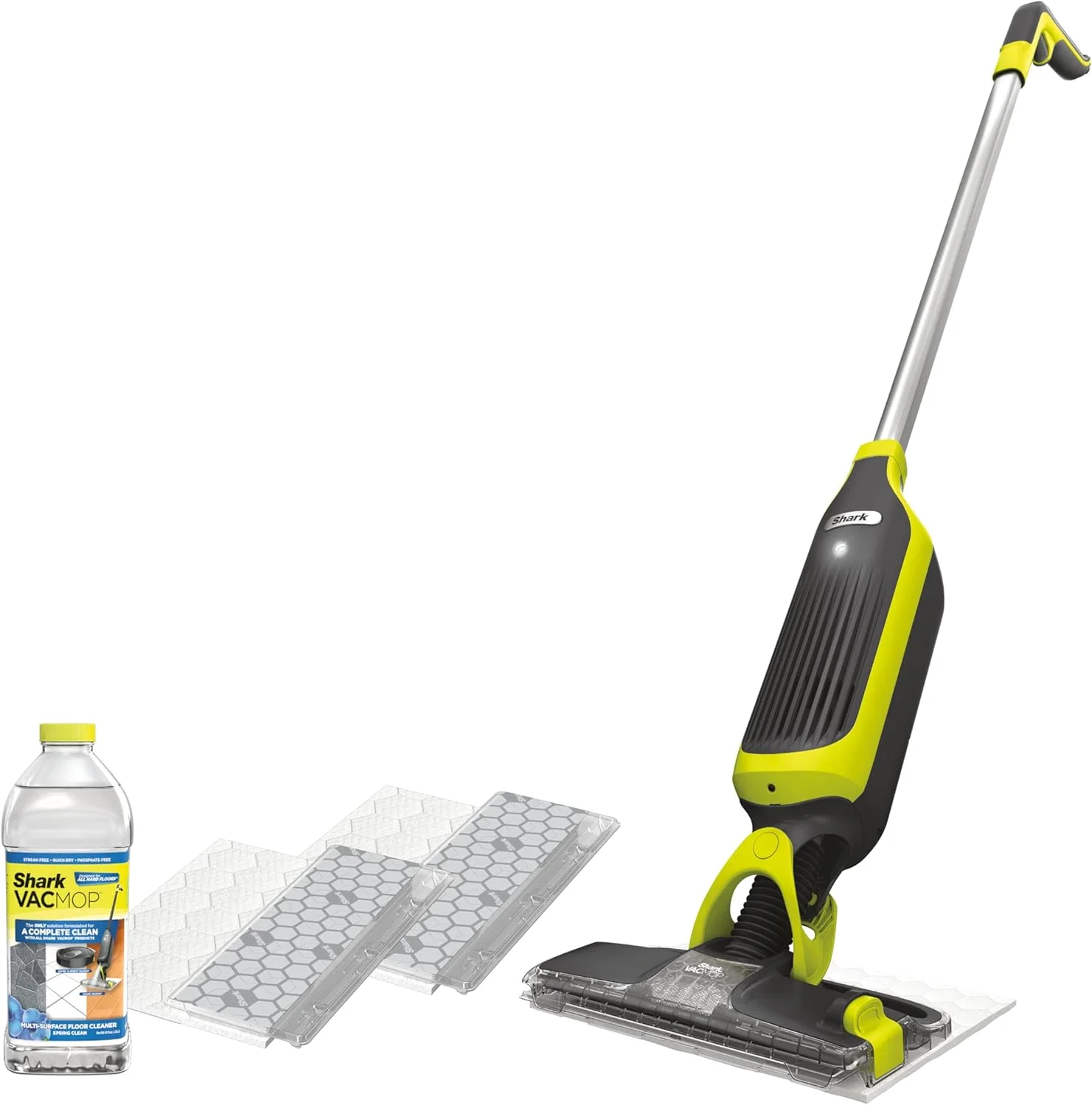جاروبرقی و تی شارک VACMOP بدون سیم برای سطوح سخت به همراه 2 پد یکبار مصرف VACMOP و محلول 350 میلی لیتری VACMOP، خاکستری ذغالی، VM180