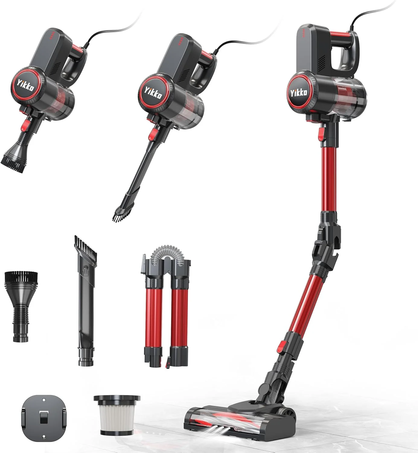 جاروبرقی 3 در 1 Yikko با قدرت 60KPa با سیم قدرتمند، جاروبرقی برقی با لوله خرطومی منعطف، جاروبرقی با LED، بسیار مناسب برای فرش، کف، مو (قرمز-60)