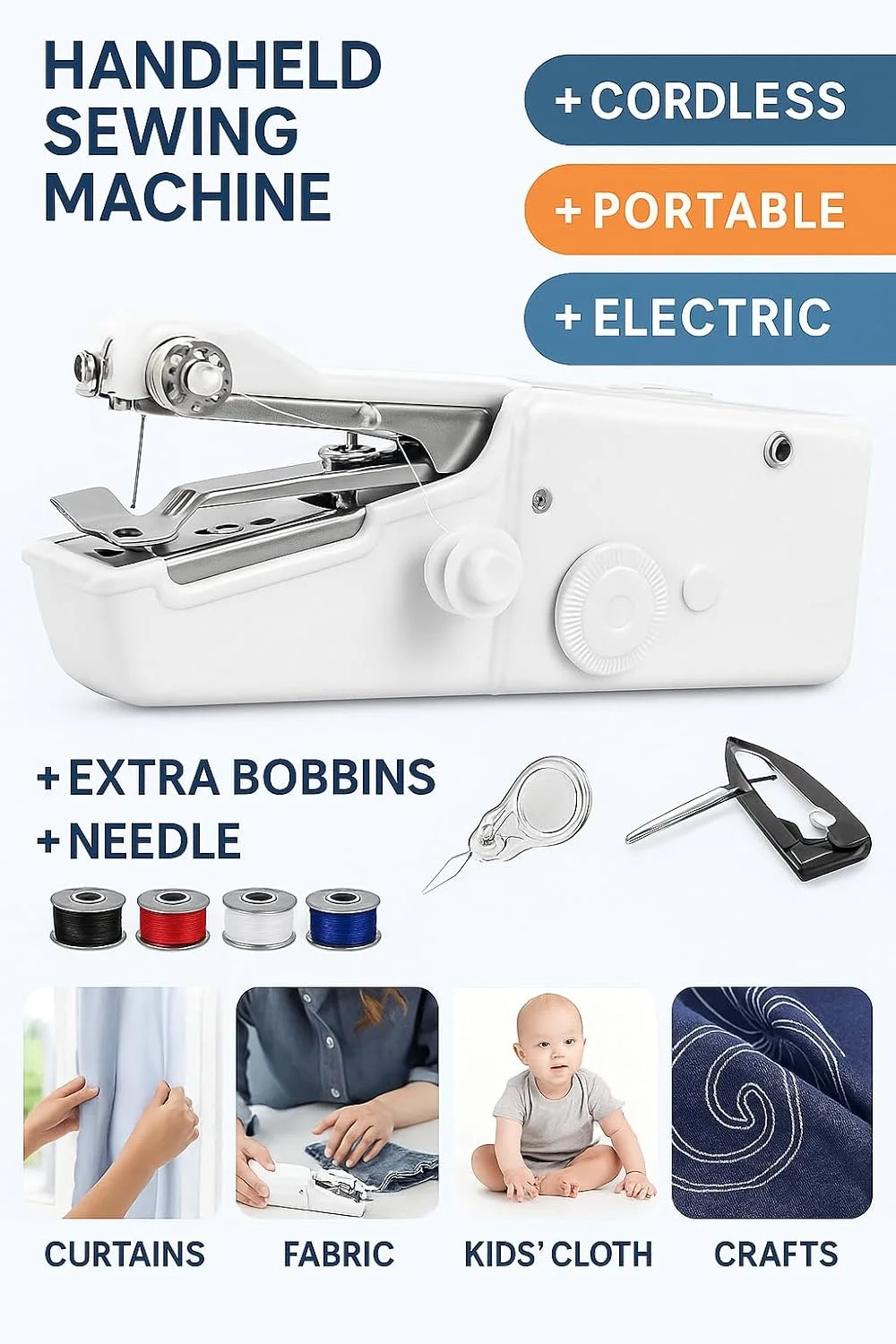 چرخ خیاطی دستی Fitto، دوخت برقی قابل حمل، بدون سیم، ماسوره های اضافی، سوزن، برای پرده، پارچه، لباس بچه گانه، صنایع دستی، مسافرت های خانگی