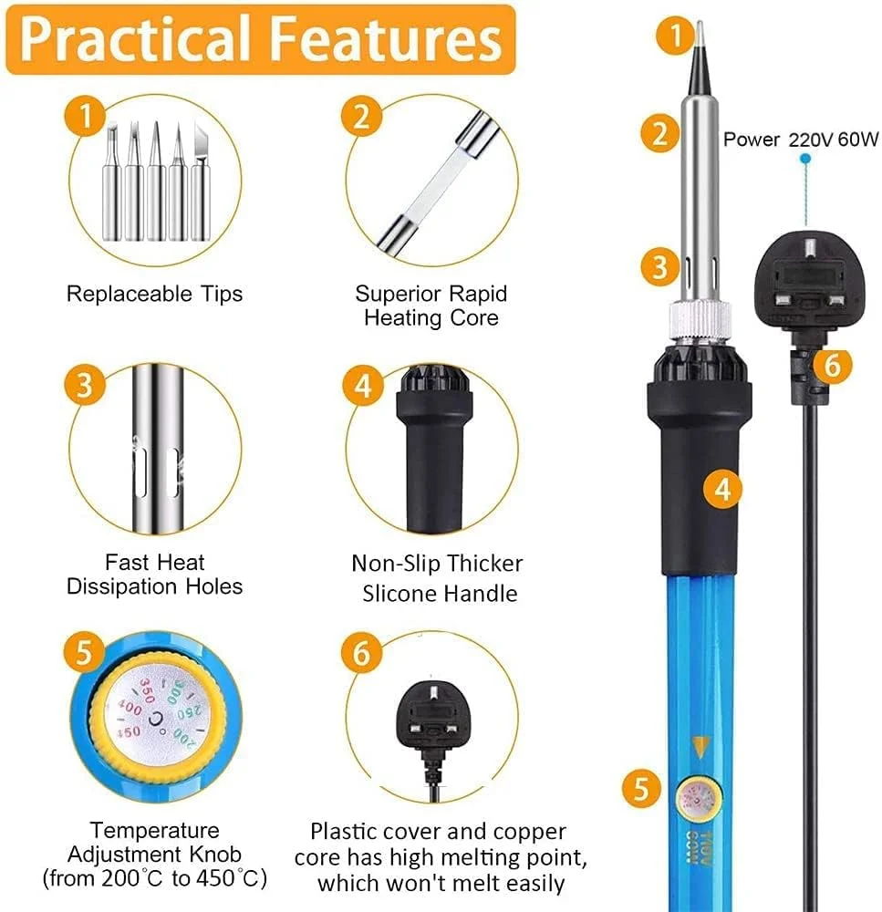 کیت هویه 60 وات با قابلیت تنظیم دما ایوینر به همراه مولتی متر دیجیتال، پمپ مکنده قلع، 5 نوک هویه، سیم لخت کن، موچین، پایه و کیف حمل - مجموعه ابزار جوشکاری 18 در 1 برای کارهای DIY و تعمیرات کیت هویه 60 وات با قابلیت تنظیم دما ایوینر به همراه مولتی متر دیجیتال، پمپ مکنده قلع، 5 نوک هویه، سیم لخت کن، موچین، پایه و کیف حمل - مجموعه ابزار جوشکاری 18 در 1 برای کارهای DIY و تعمیرات