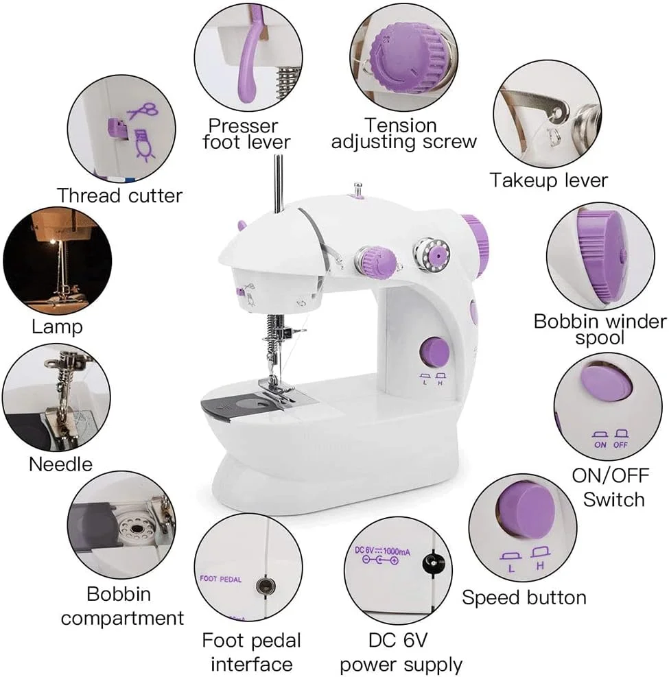 چرخ خیاطی مینی Zxqiang با میز توسعه ارتقا یافته، نخ های دوتایی قابل تنظیم و دو سرعت، کیت خیاطی قابل حمل برای مصارف خانگی، مسافرت، کودکان، مبتدیان