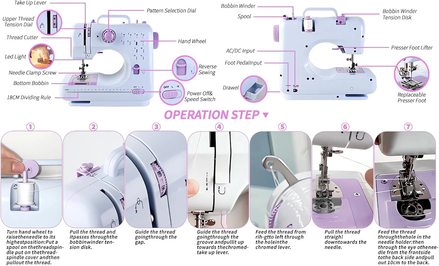 چرخ خیاطی واتمکساوی، چرخ خیاطی برقی کوچک قابل حمل برای مبتدیان، 12 مدل دوخت داخلی، 2 سرعته با پدال پا (همراه با کیت لوازم جانبی 27 تکه و کیف) بنفش