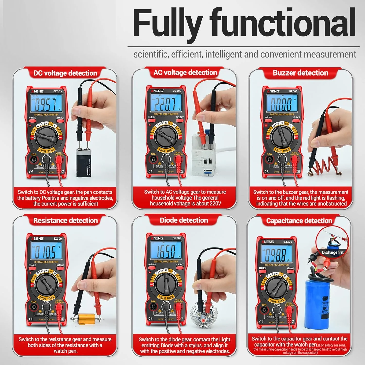 مولتی متر هوشمند Eacam SZ309 با 1999 شمارنده، تستر الکتریکی با دقت بالا، نور پس زمینه LCD، ولت متر AC/DC، آمپرمتر، ابزار برق مولتی متر هوشمند Eacam SZ309 با 1999 شمارنده، تستر الکتریکی با دقت بالا، نور پس زمینه LCD، ولت متر AC/DC، آمپرمتر، ابزار برق