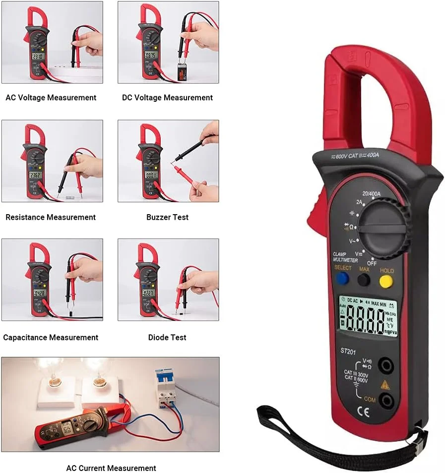 مولتی متر کلمپی دیجیتال Eacam ST201 با 4000 شمارش، آمپرمتر کلمپی، تستر خازن ترانزیستور، تست توان، تست ولتاژ AC/DC خودرو مولتی متر کلمپی دیجیتال Eacam ST201 با 4000 شمارش، آمپرمتر کلمپی، تستر خازن ترانزیستور، تست توان، تست ولتاژ AC/DC خودرو