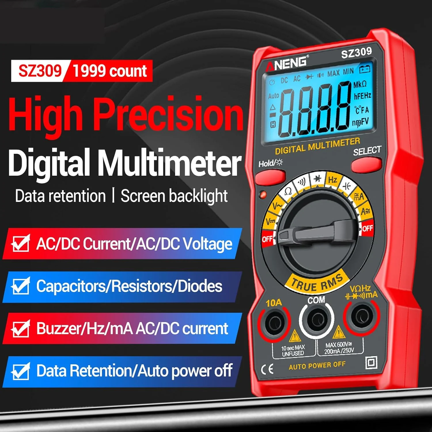 مولتی متر هوشمند Eacam SZ309 با 1999 شمارنده، تستر الکتریکی با دقت بالا، نور پس زمینه LCD، ولت متر AC/DC، آمپرمتر، ابزار برق مولتی متر هوشمند Eacam SZ309 با 1999 شمارنده، تستر الکتریکی با دقت بالا، نور پس زمینه LCD، ولت متر AC/DC، آمپرمتر، ابزار برق