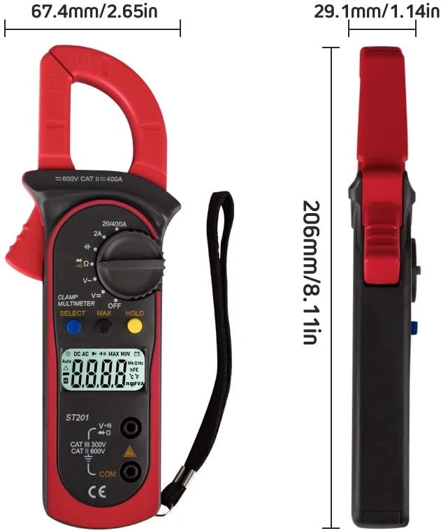 مولتی متر کلمپی دیجیتال Eacam ST201 با 4000 شمارش، آمپرمتر کلمپی، تستر خازن ترانزیستور، تست توان، تست ولتاژ AC/DC خودرو مولتی متر کلمپی دیجیتال Eacam ST201 با 4000 شمارش، آمپرمتر کلمپی، تستر خازن ترانزیستور، تست توان، تست ولتاژ AC/DC خودرو